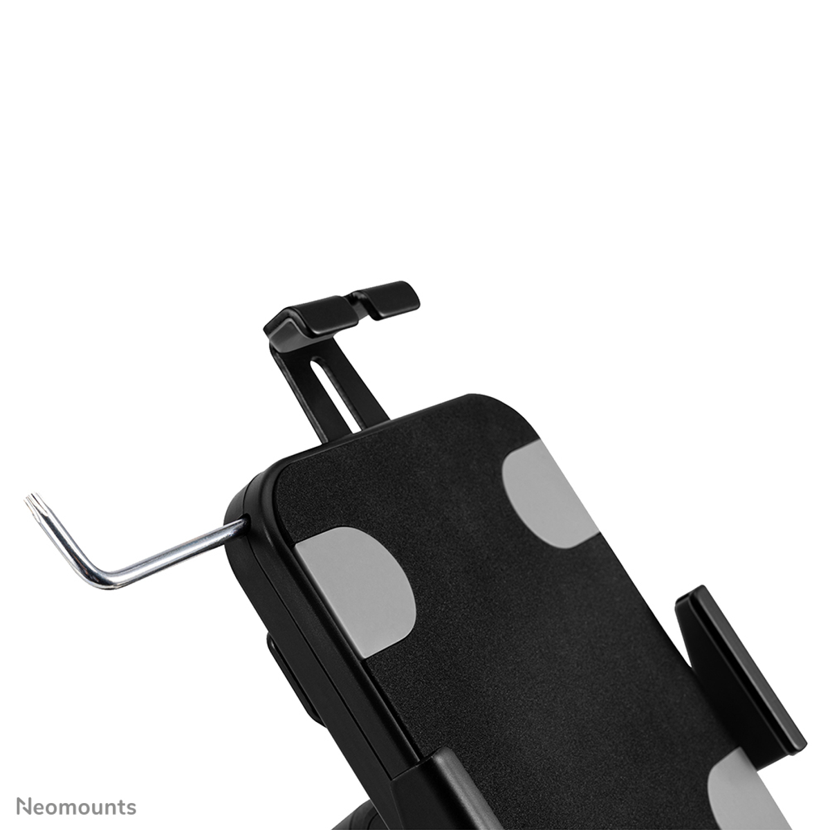 Close-up of a black phone holder with grey rubber pads and a metal hook.