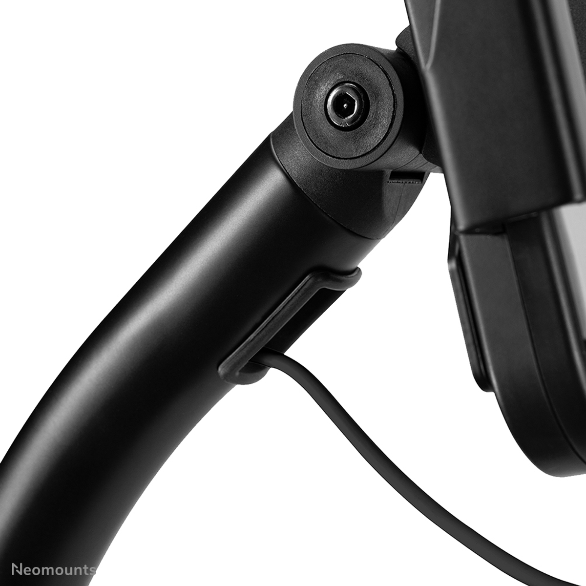 Black monitor arm with cable clip and cable.