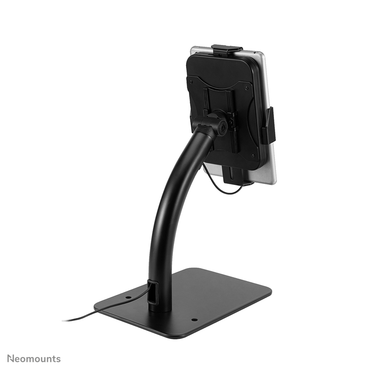 A black tablet stand with a flexible arm and flat base.