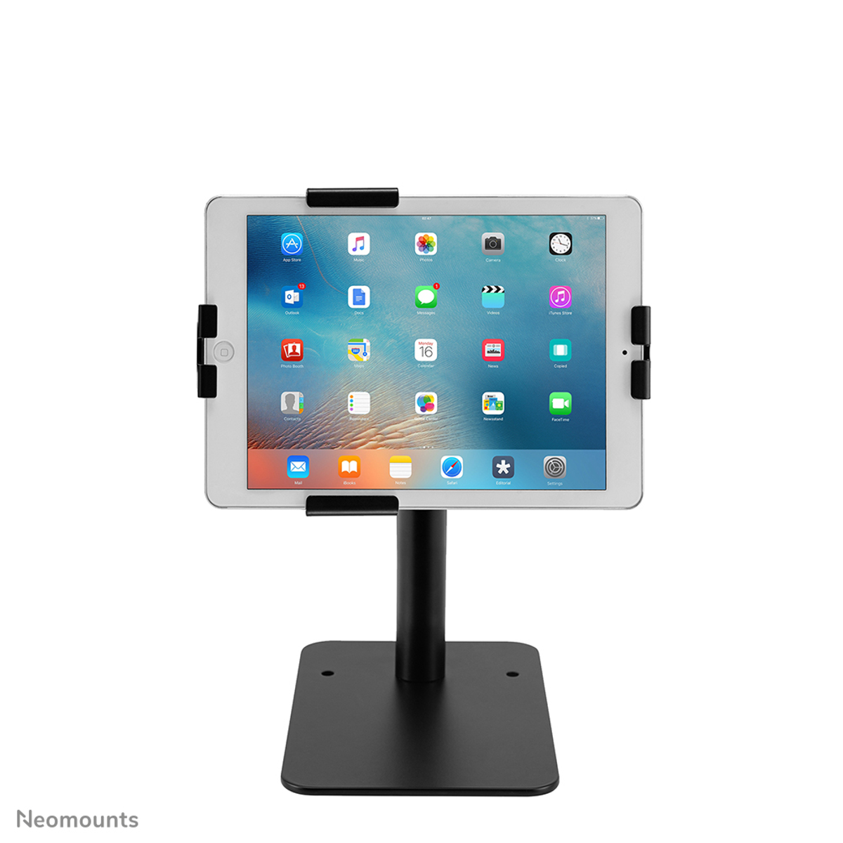 A black tablet stand with a tablet displaying apps, set against a white background.