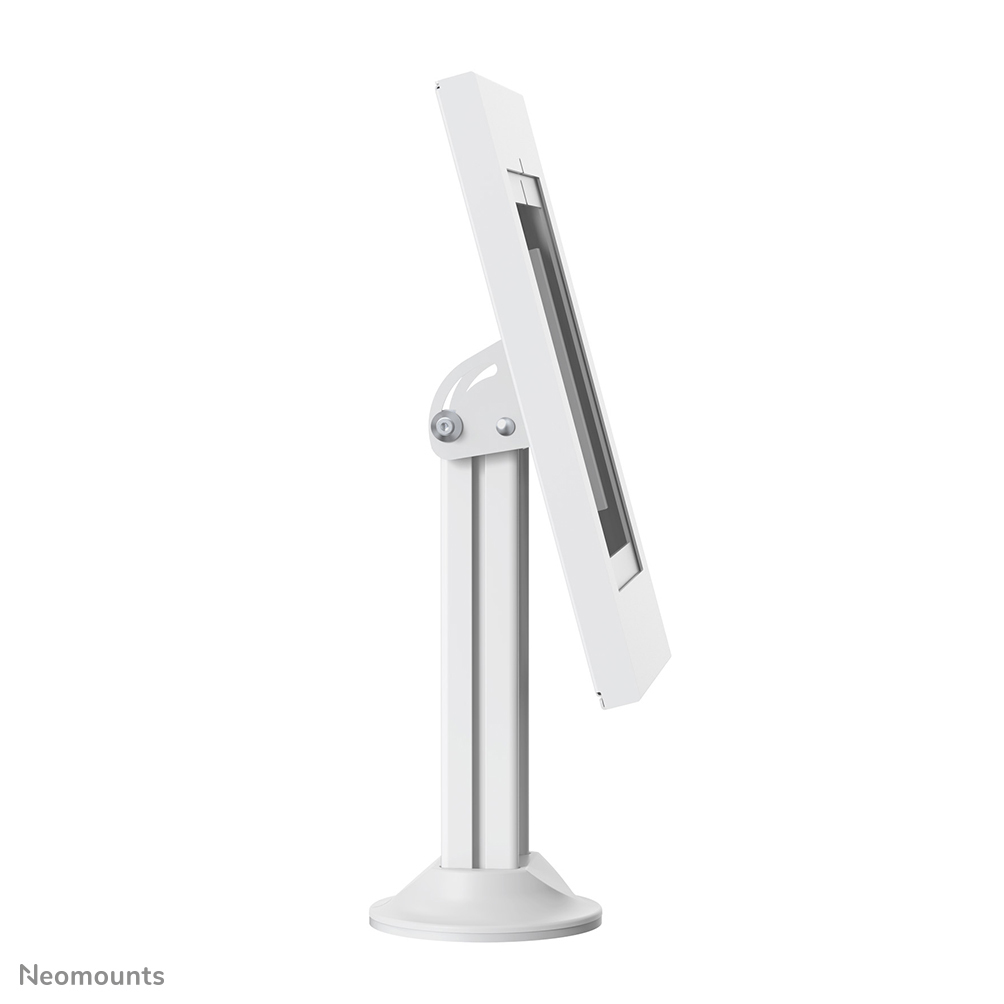 Un support blanc avec un support de tablette inclinable, posé sur une base ronde.
