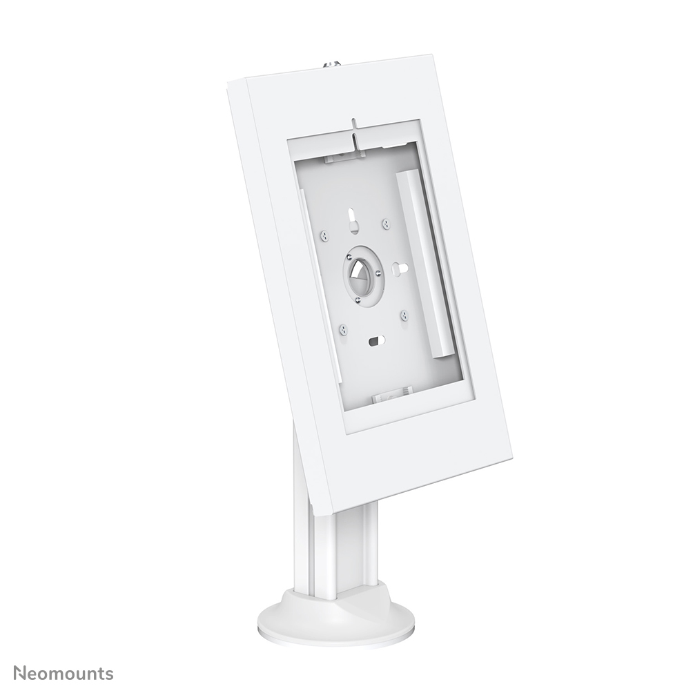 Support blanc pour tablette avec bras réglable et base ronde.
