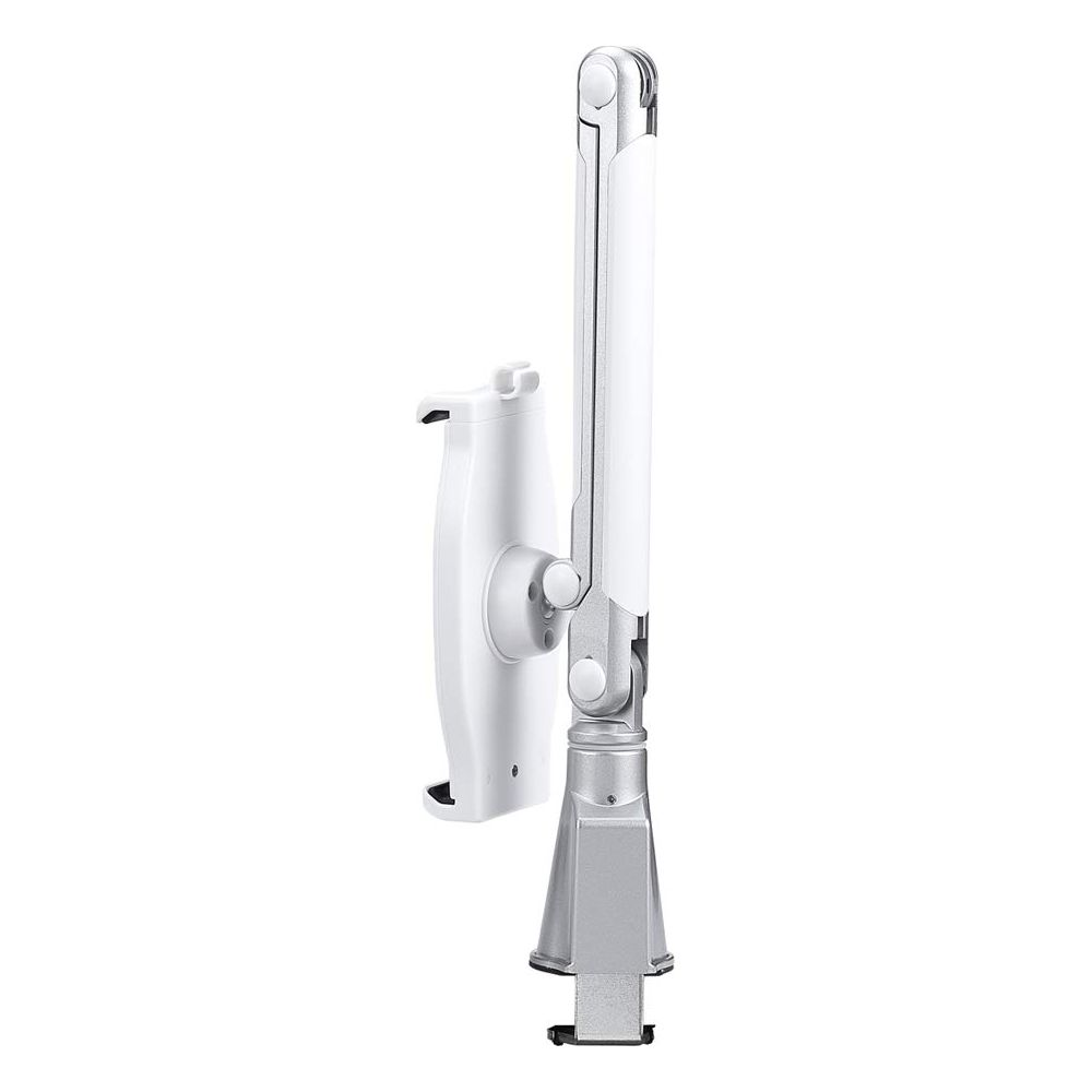 Un bras de tablette argenté et blanc avec base à pince et support.