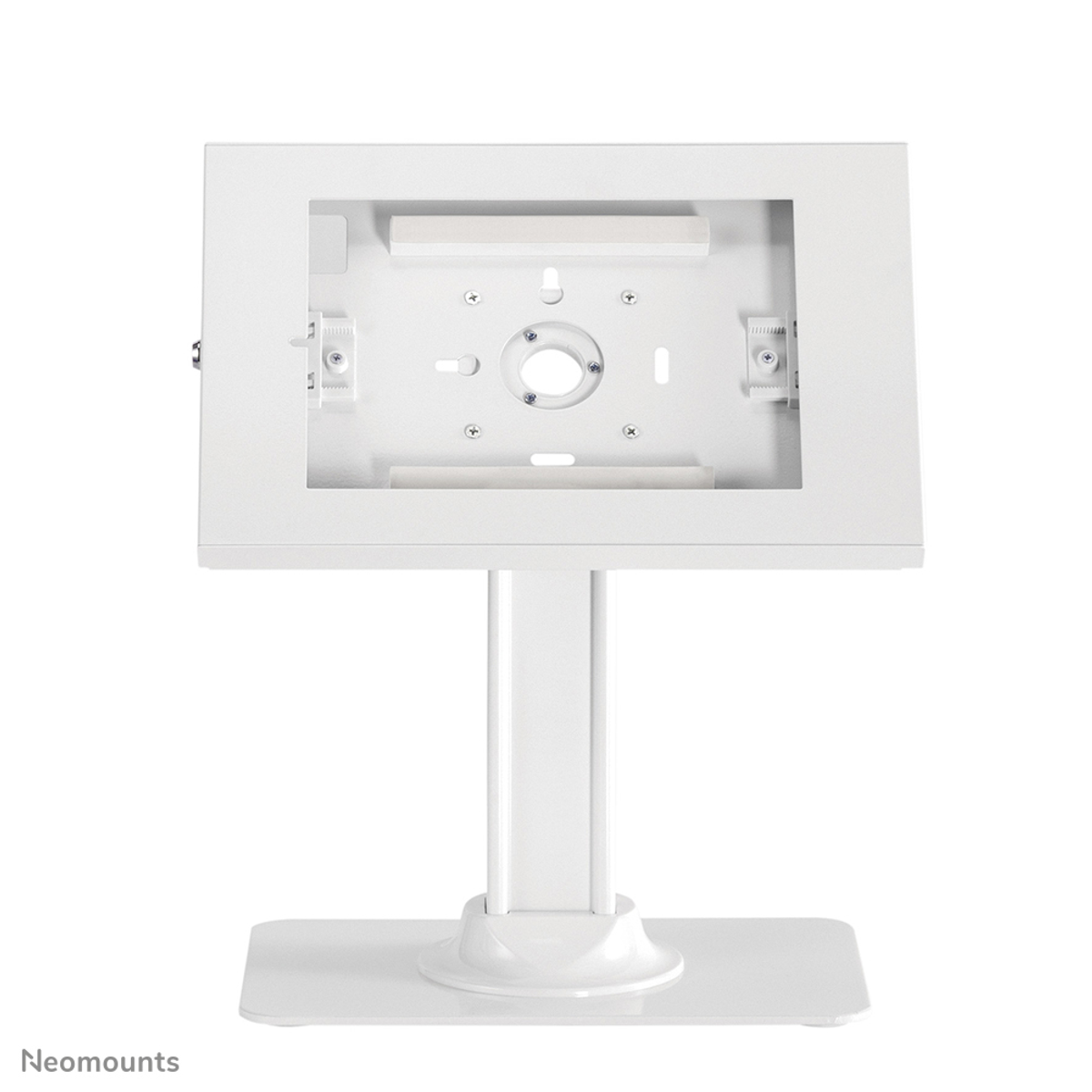 Un support blanc pour tablette avec un cou réglable et une base rectangulaire.