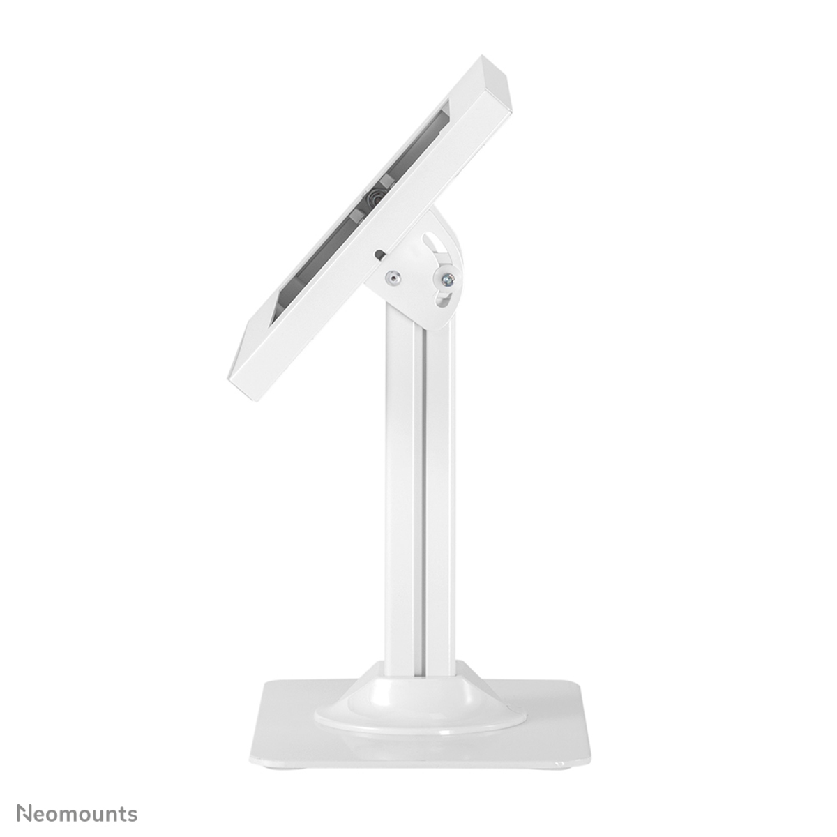 Un support blanc pour tablette avec bras et base réglables.