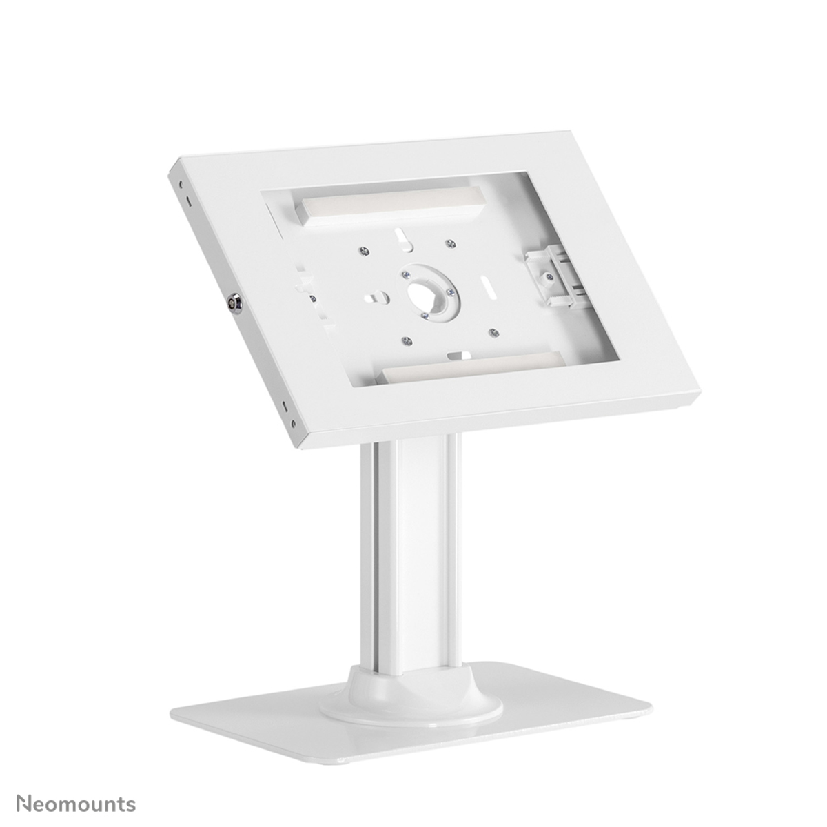 Un support blanc pour tablette avec une base rectangulaire et une tête inclinable.