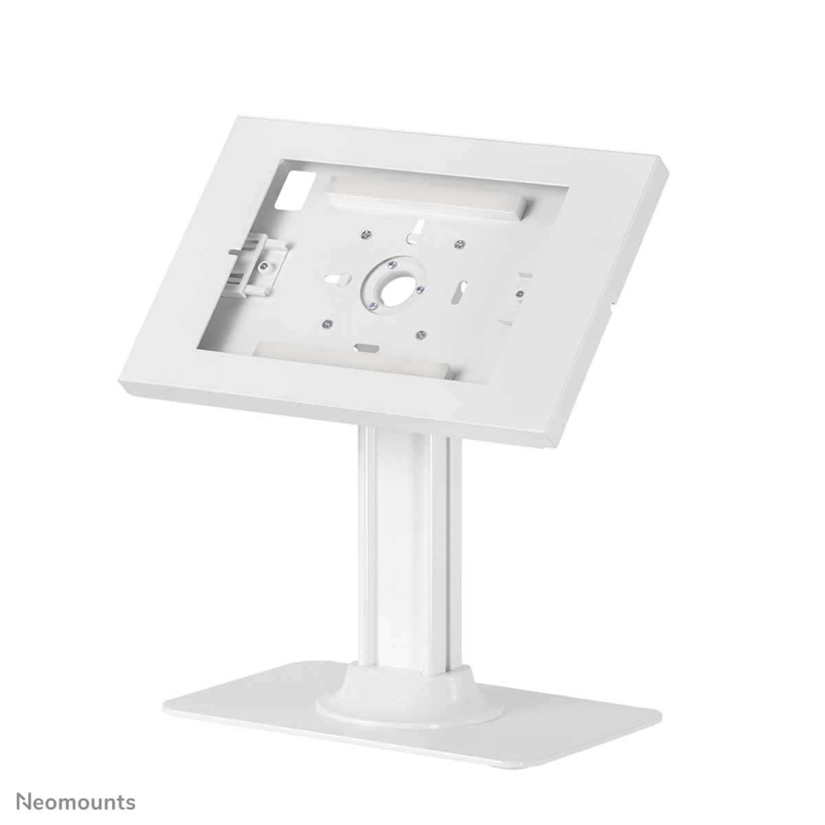 Un support blanc pour tablette avec un cou réglable et une base rectangulaire.
