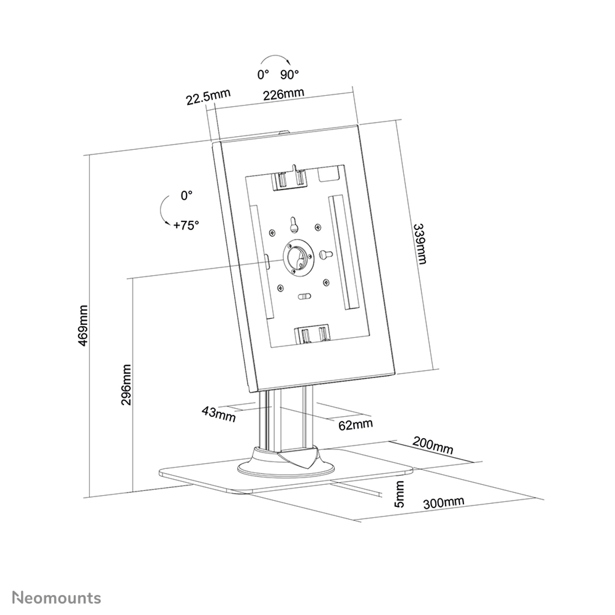 Dessin technique d'un support avec dimensions et angles.