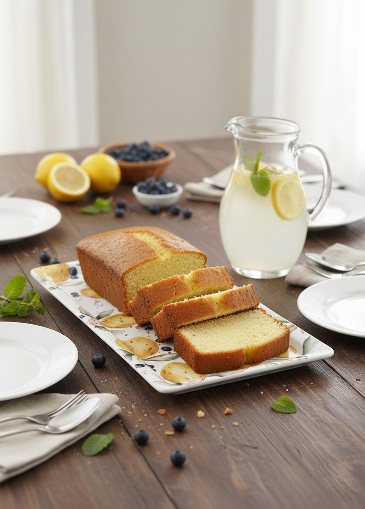 Yaban mersini, limon ve limonata ile süslü bir tepside dilimlenmiş kek.