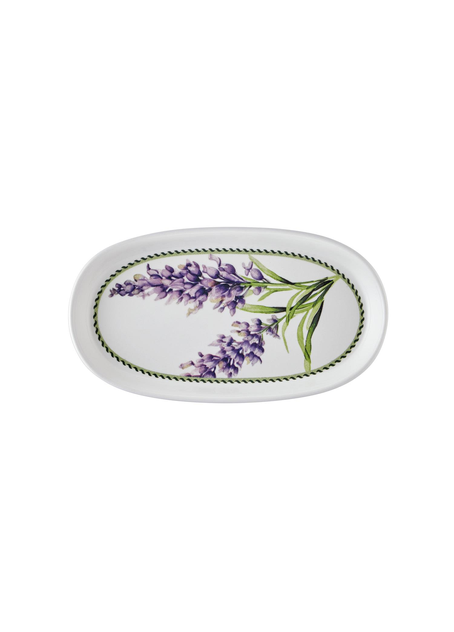 Lavanta motifli ve yeşil kenarlıklı oval tabak.