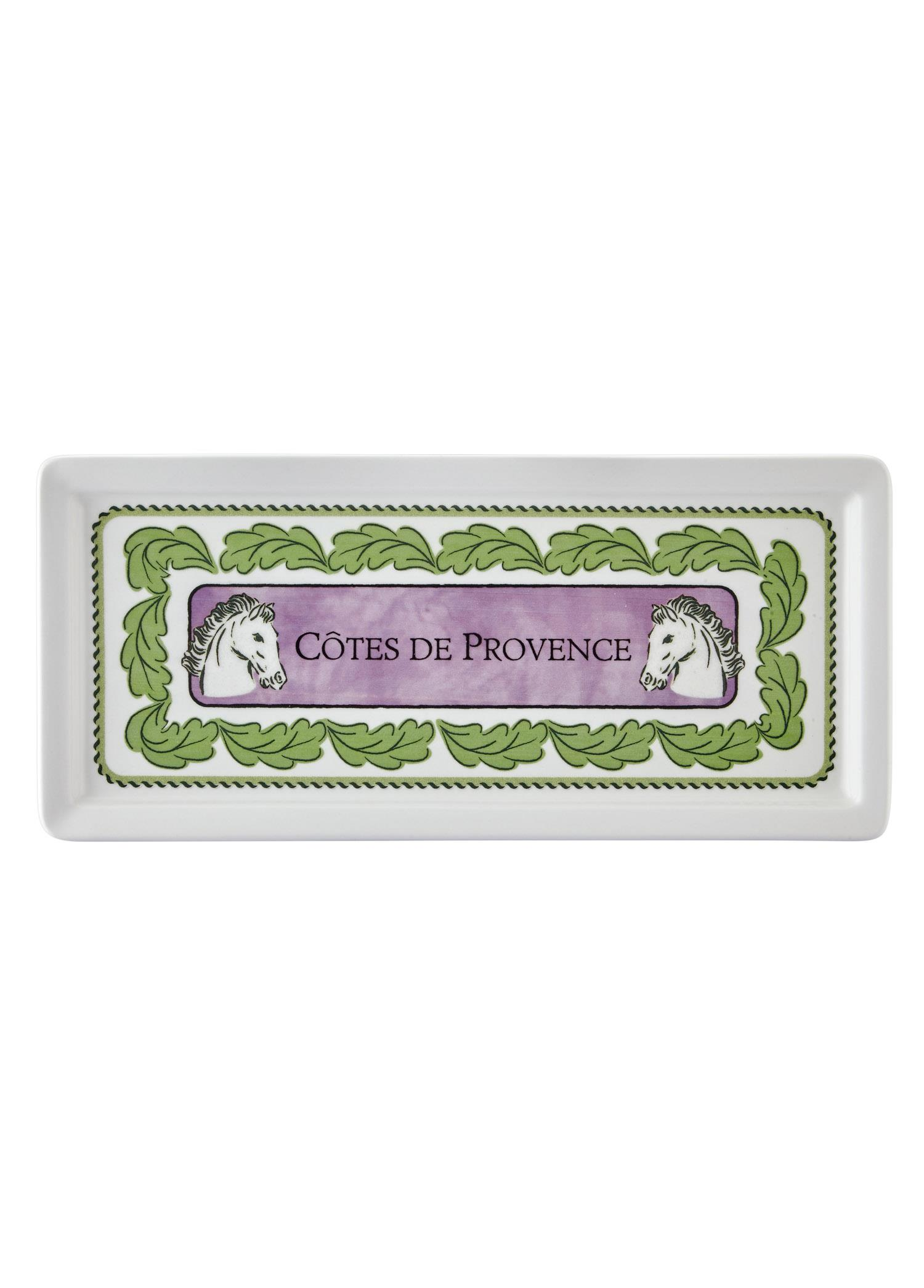 At başları ve mor 'Côtes de Provence' baskılı beyaz dikdörtgen tepsi.