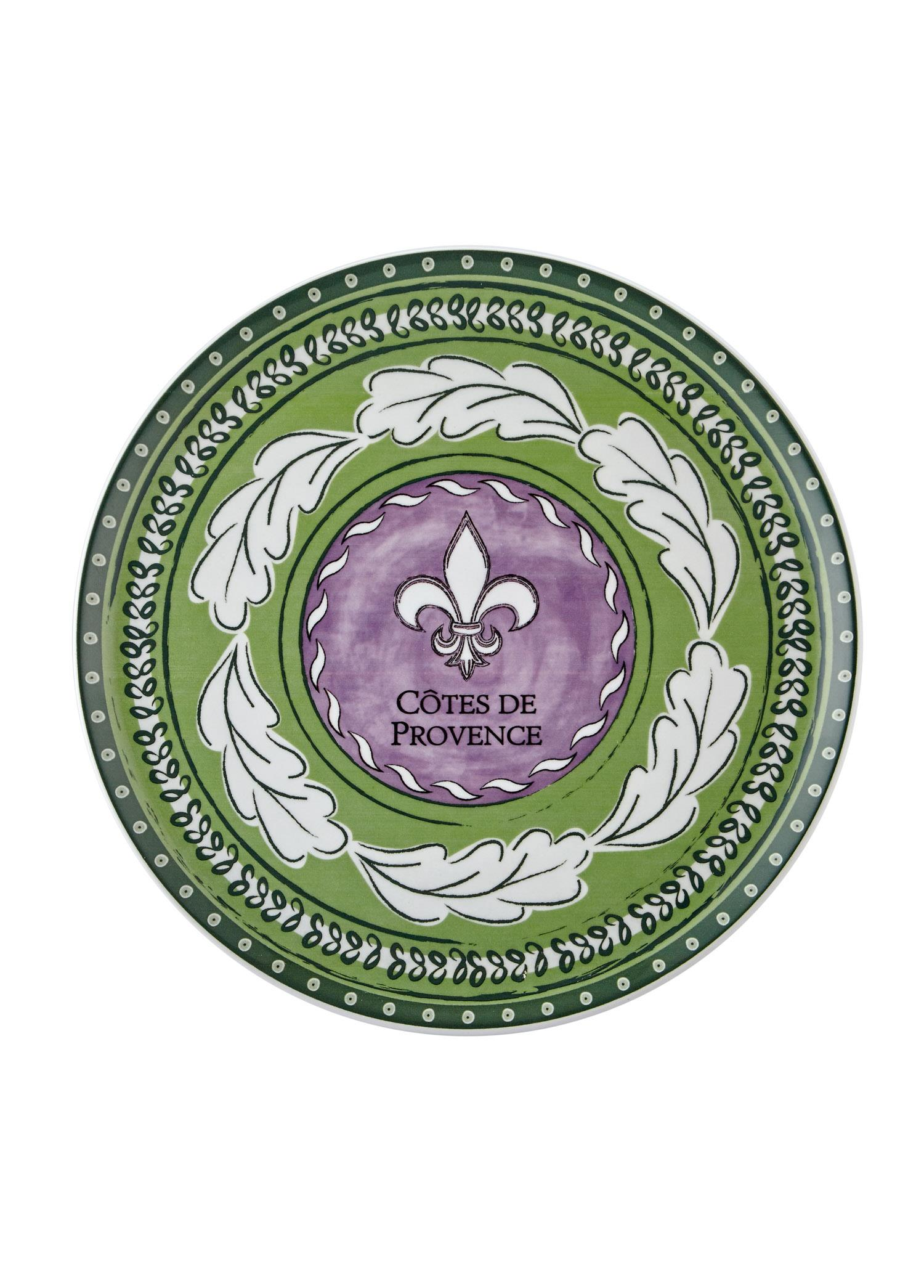 Mor fleur-de-lis sembolü ve yaprakları olan yeşil tabak.