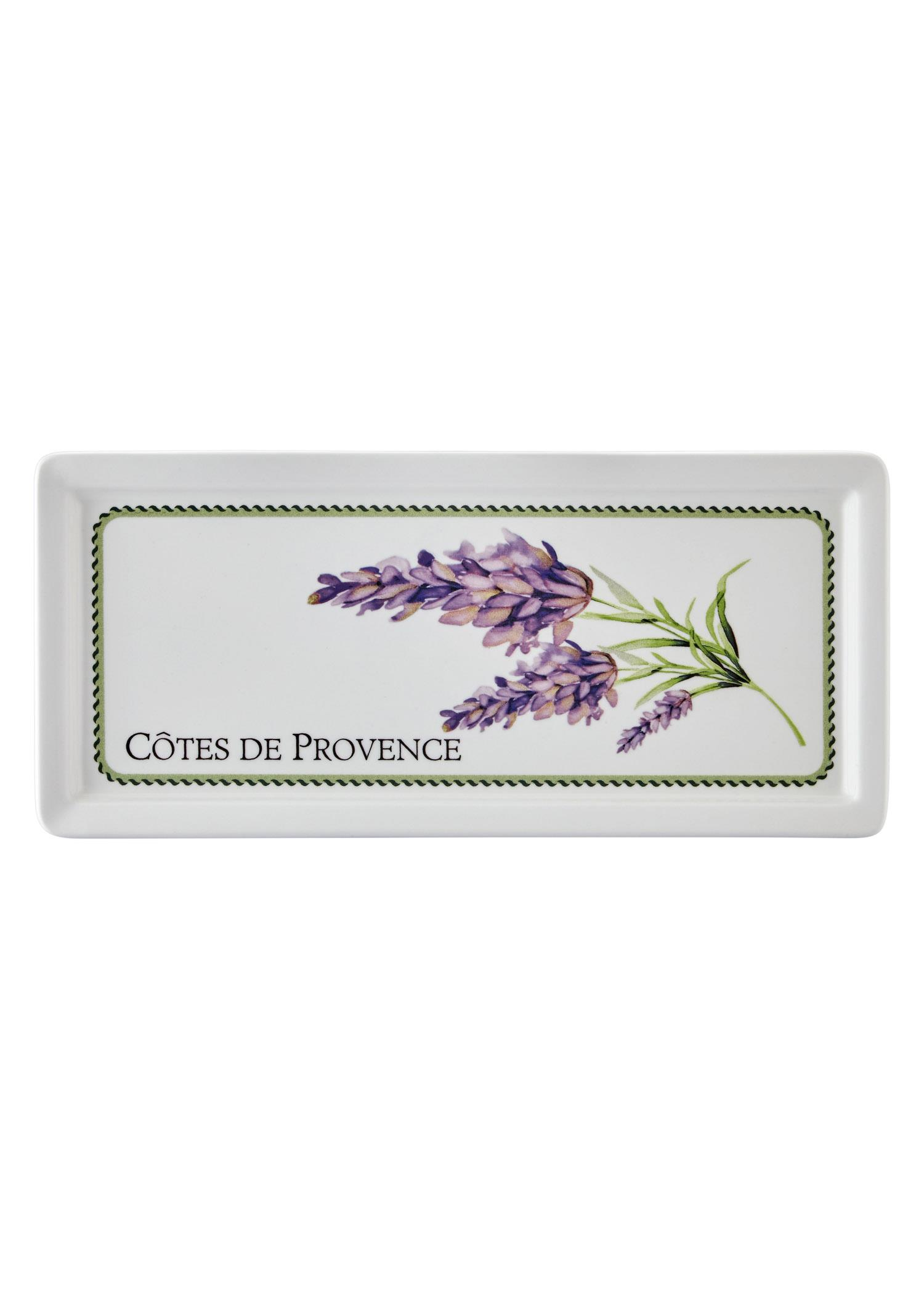 Lavanta dalları ve 'CÔTES DE PROVENCE' yazısıyla süslenmiş beyaz dikdörtgen tabak.