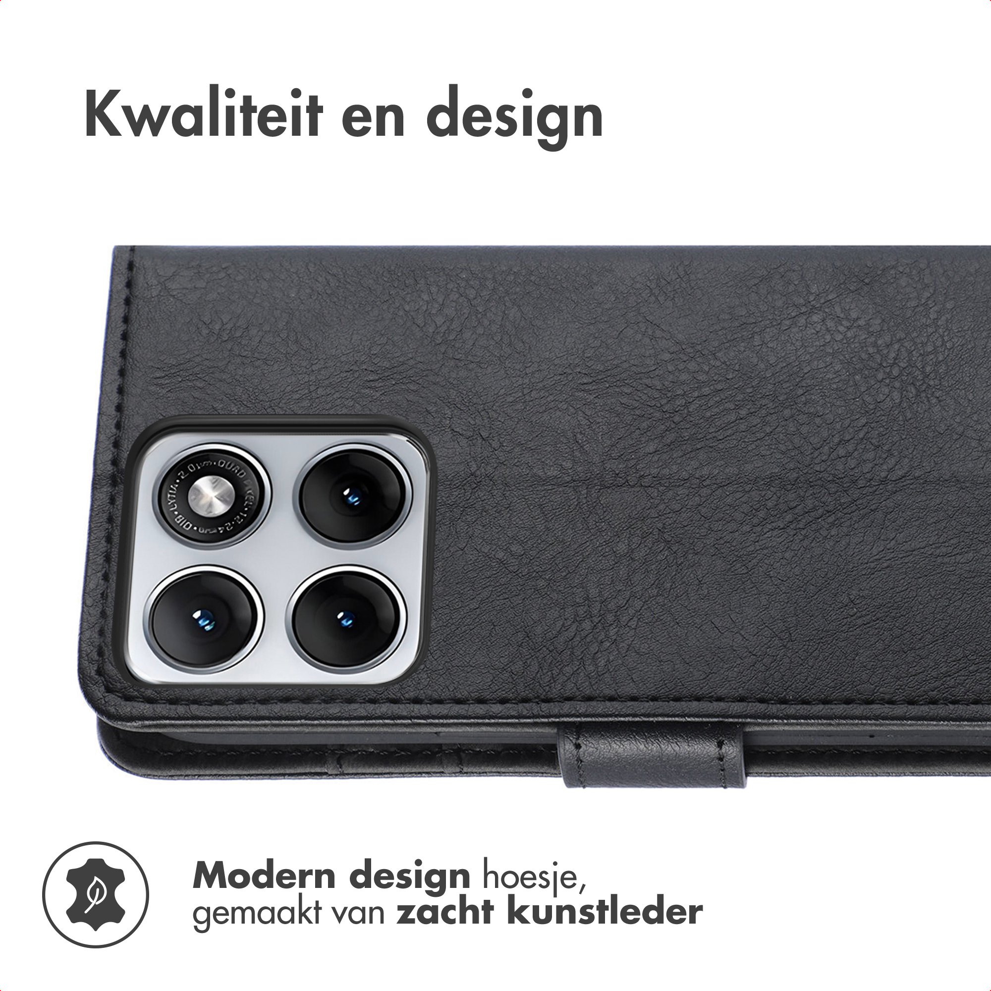 Étui de téléphone en cuir synthétique noir avec découpe caméra quadruple et texte.