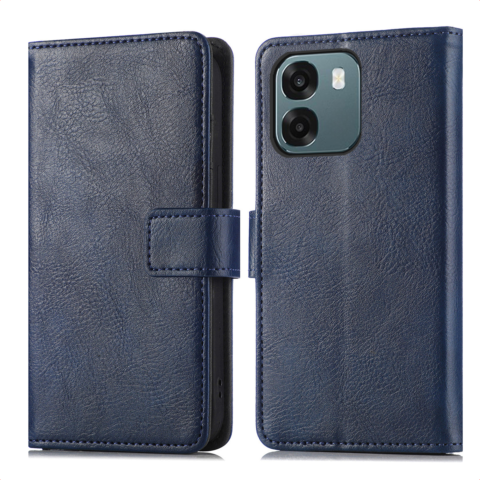 Étui de téléphone en cuir bleu marine, fermé et ouvert. Avec appareil photo.