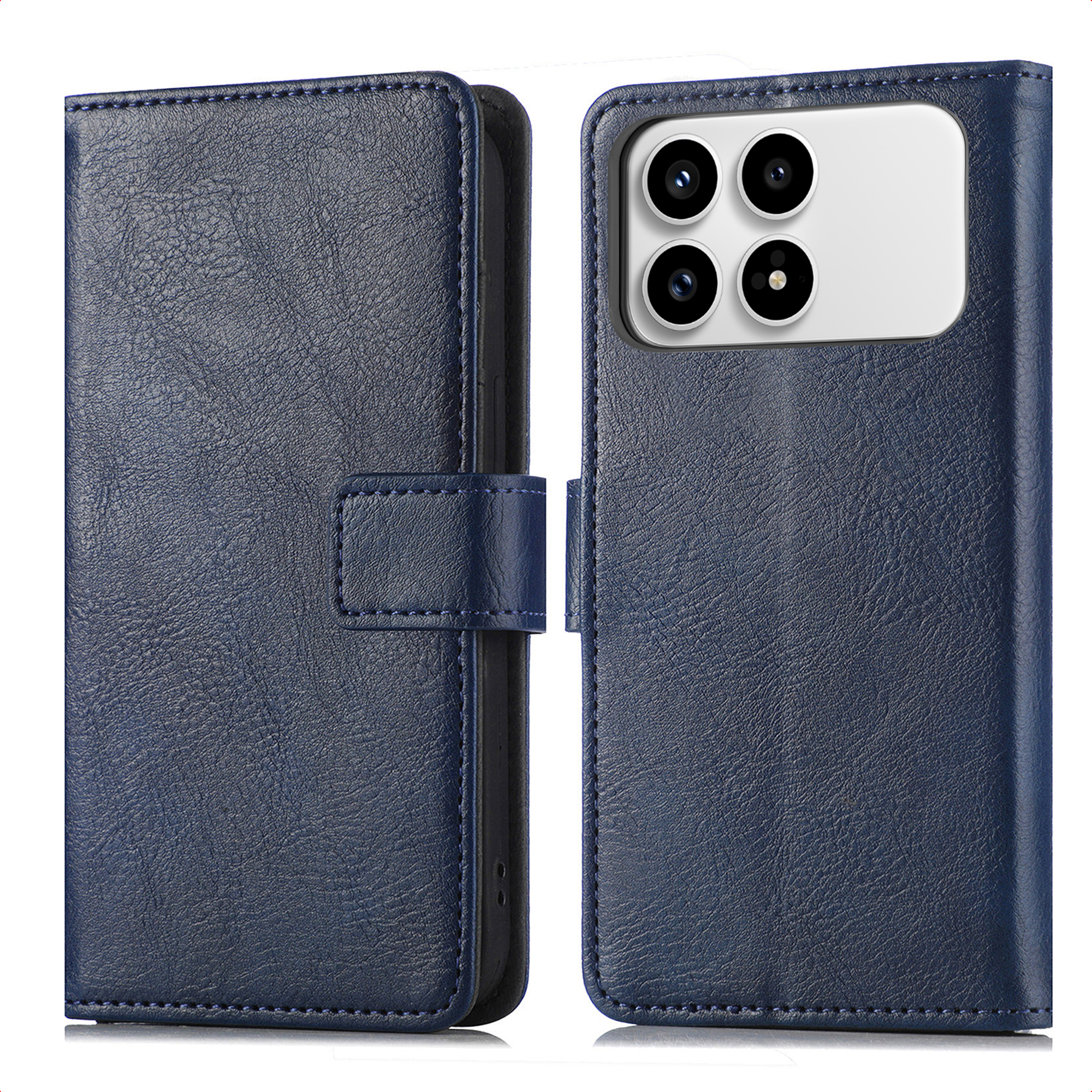 Donkerblauwe telefoonhoes met vier camera's en magneetsluiting.