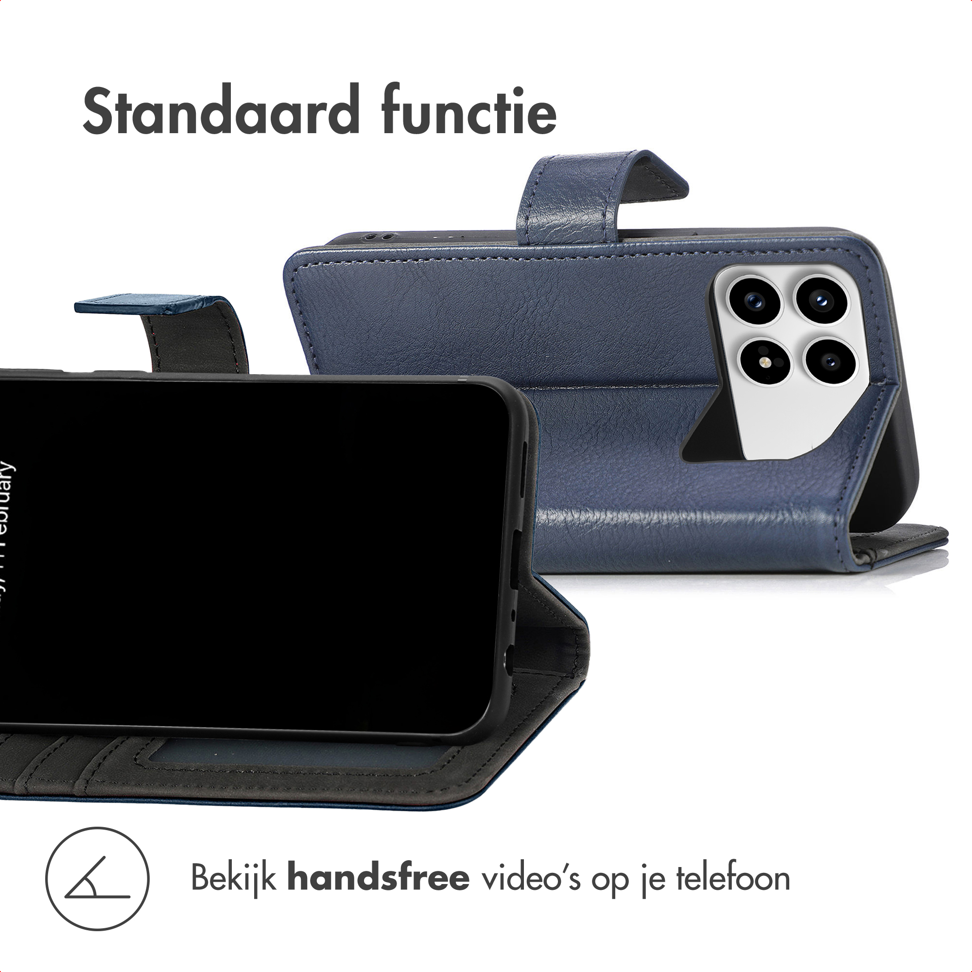 Een blauwe lederen telefoonhoes in staande functie.