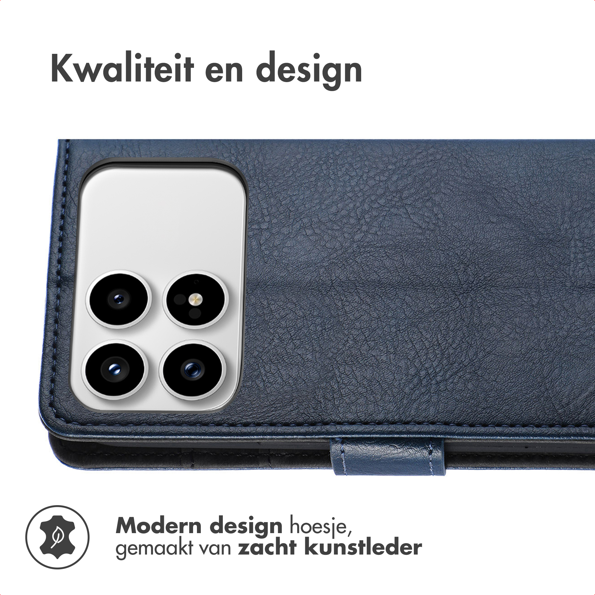 Donkerblauwe kunstleren telefoonhoes met vier cameralenzen. Kwaliteit en design.