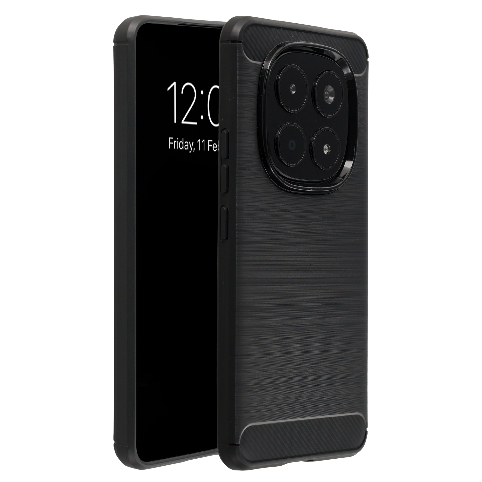 Téléphone noir avec quatre caméras arrière dans un étui de protection noir.