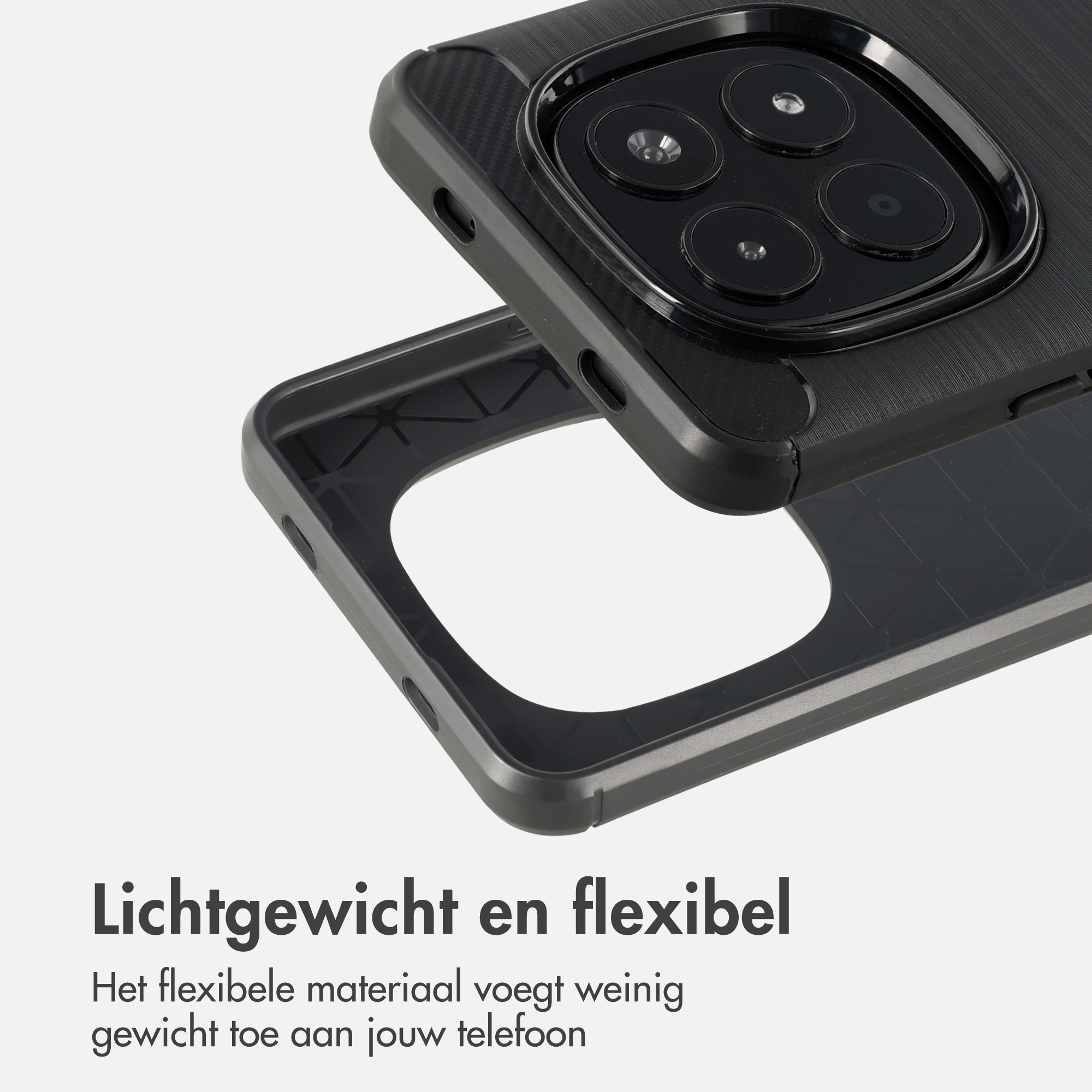 Coque de téléphone noire avec module caméra et texte.