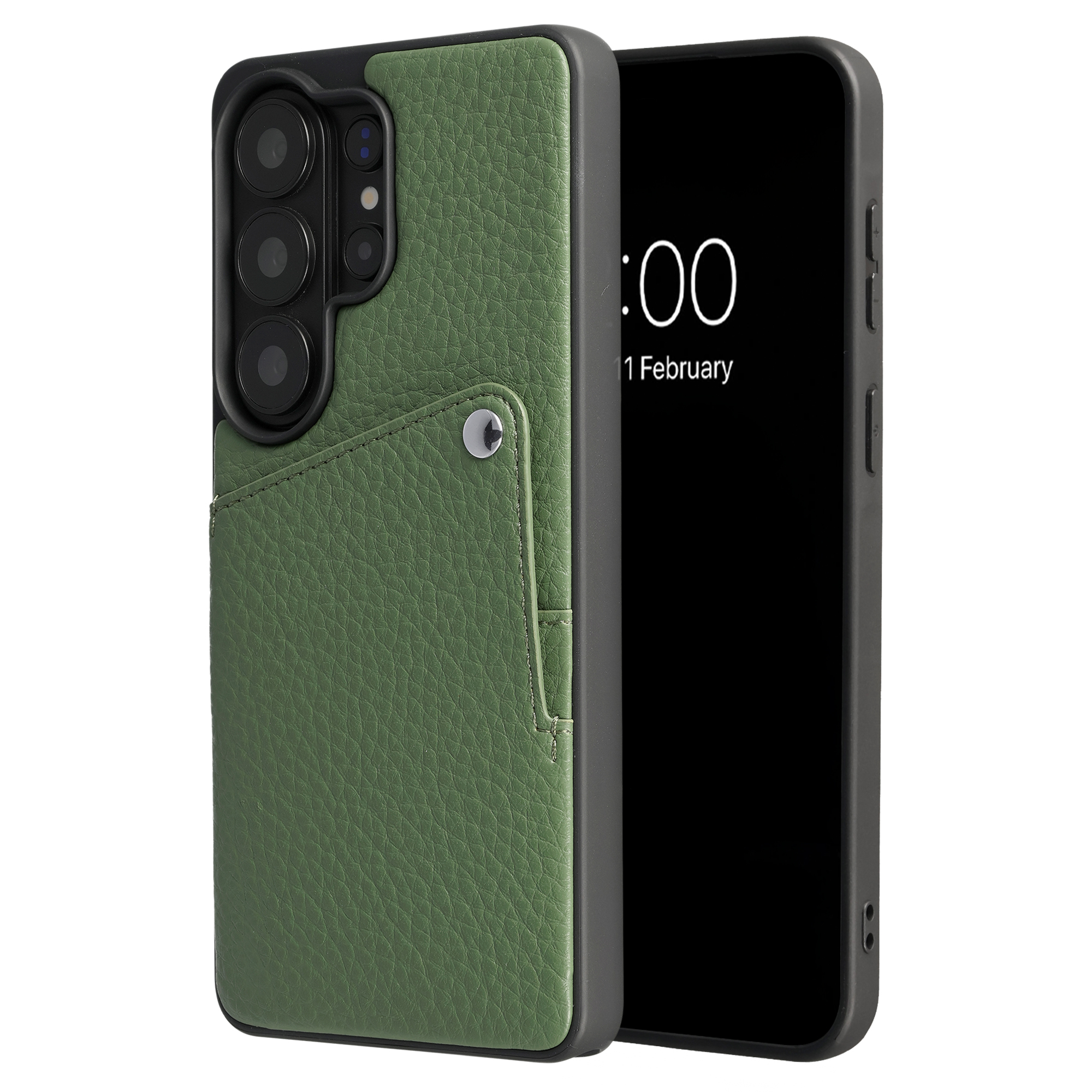 Étui de téléphone vert en cuir avec fente pour carte et découpe caméra, à côté d'un smartphone noir.