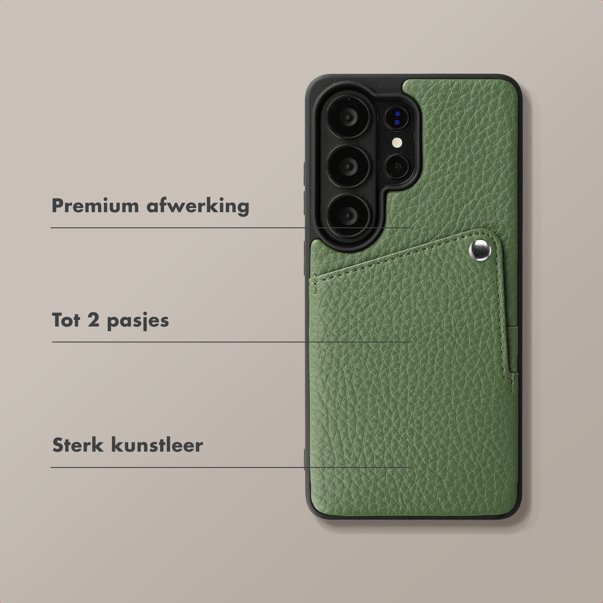 Coque de téléphone verte avec porte-cartes et module caméra.