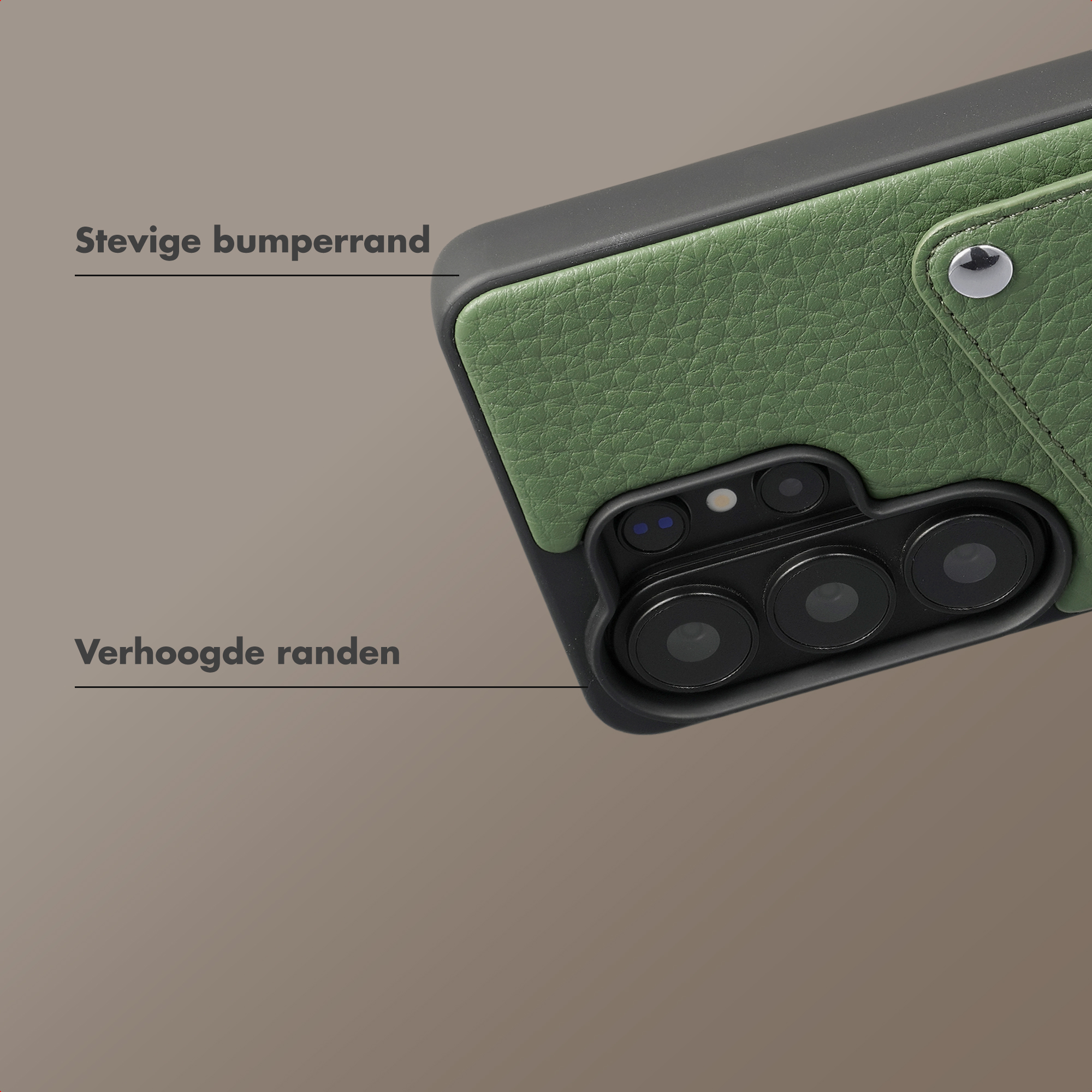 Coque de téléphone verte avec objectifs de caméra et bords surélevés.