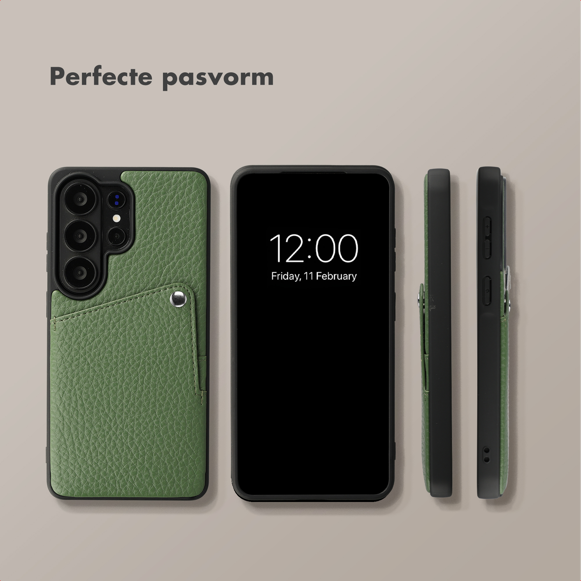 Étui de téléphone vert avec porte-cartes et téléphone de profil. Ajustement parfait.