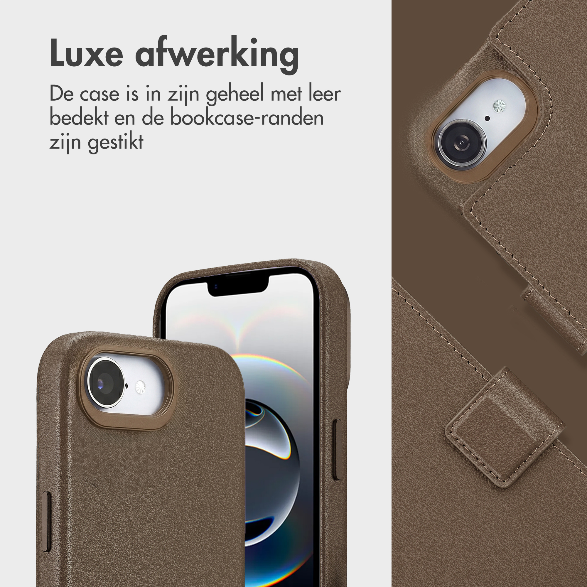 Braune Lederhülle für ein Smartphone mit Kameraschnitt und Nähten.