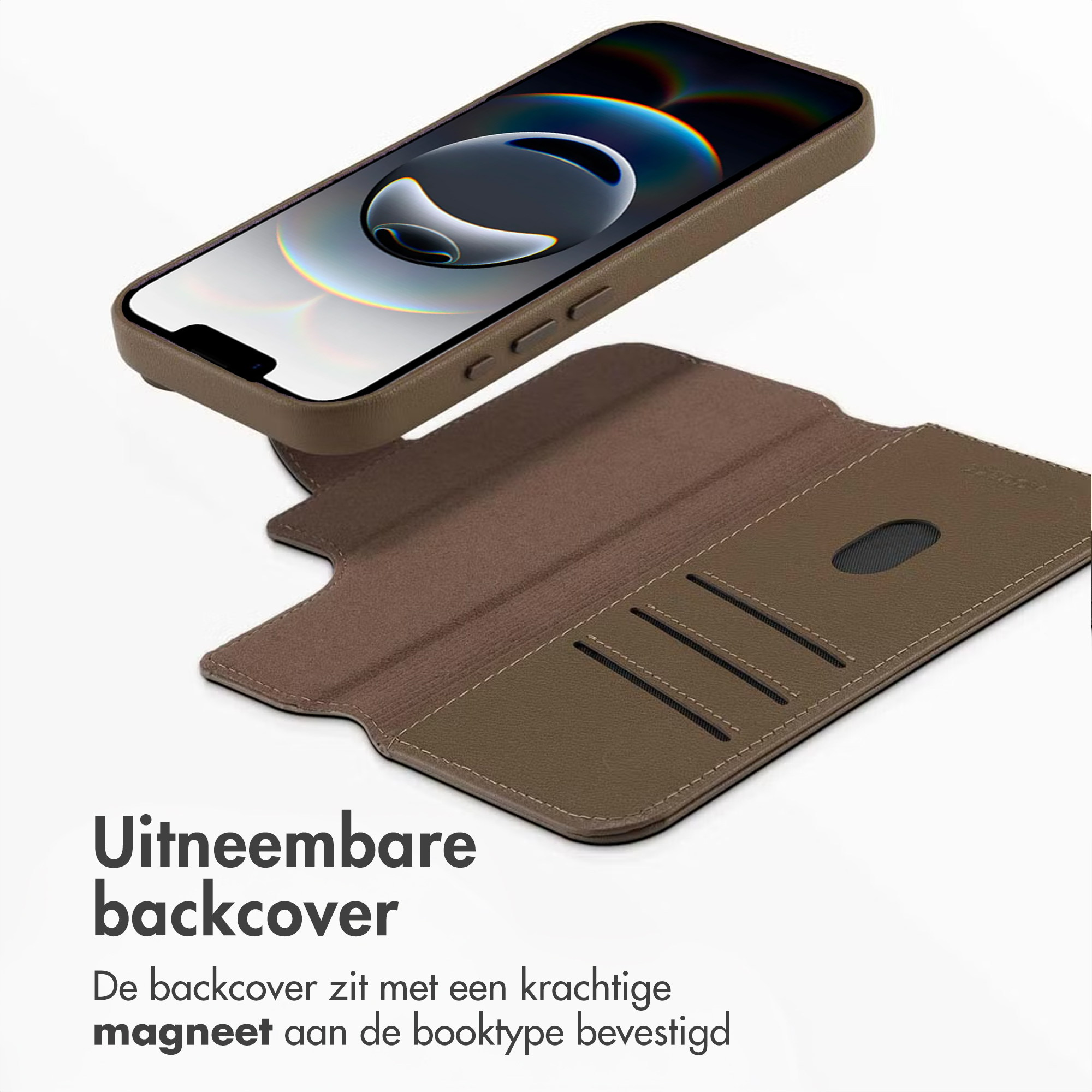 Braune Handyhülle geöffnet, zeigt ein Handy und Kartenschlitze.