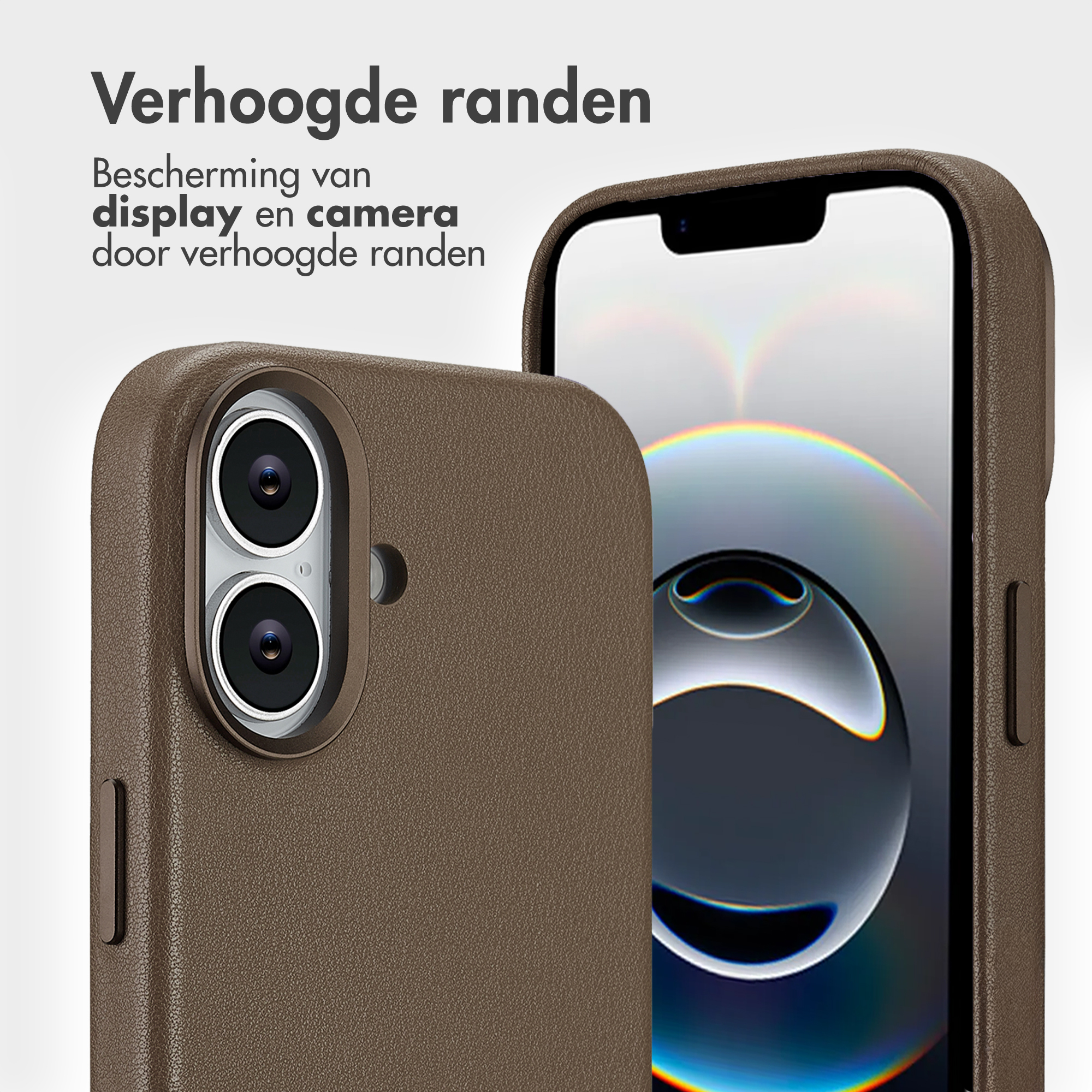 Braune Handyhülle mit Kamera- und Bildschirmrand, die einen iPhone-Bildschirm zeigt.