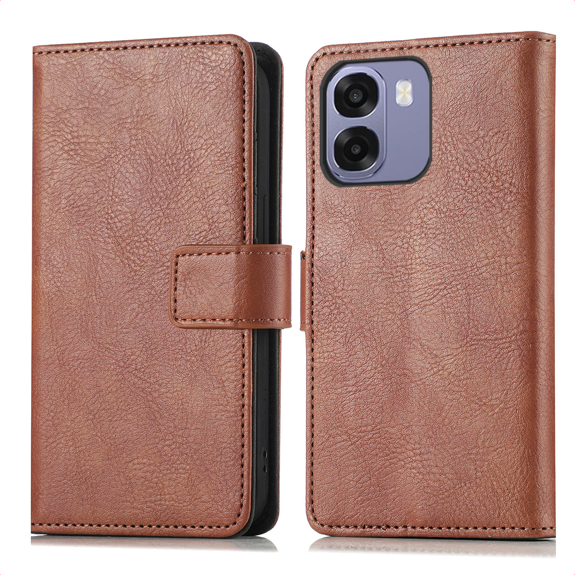 Étui de téléphone en cuir marron avec découpe caméra.