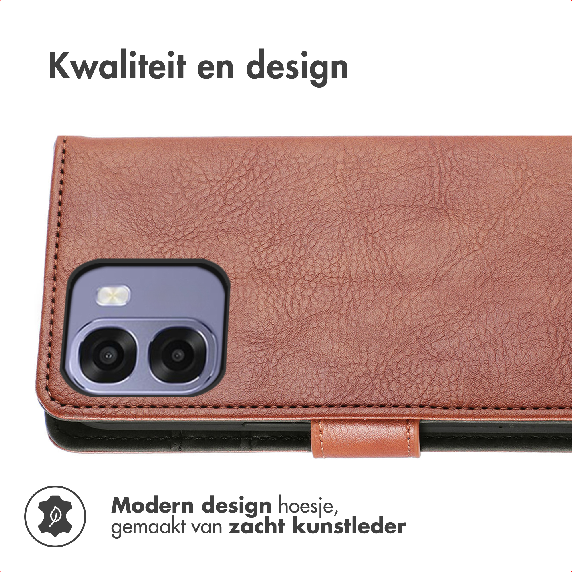 Étui en cuir marron avec découpe caméra de téléphone et texte.