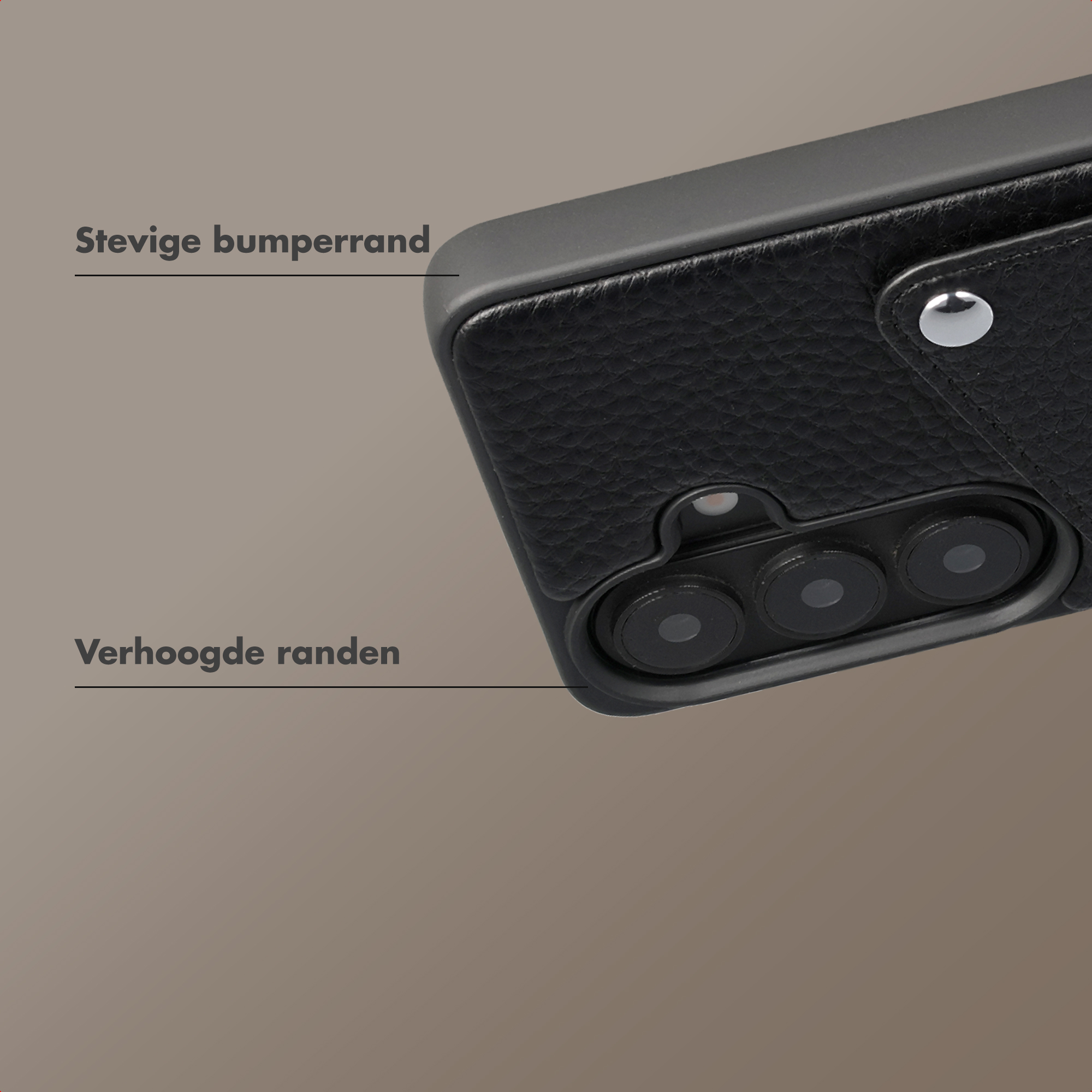 Coque de téléphone noire avec bumper robuste et bords surélevés.