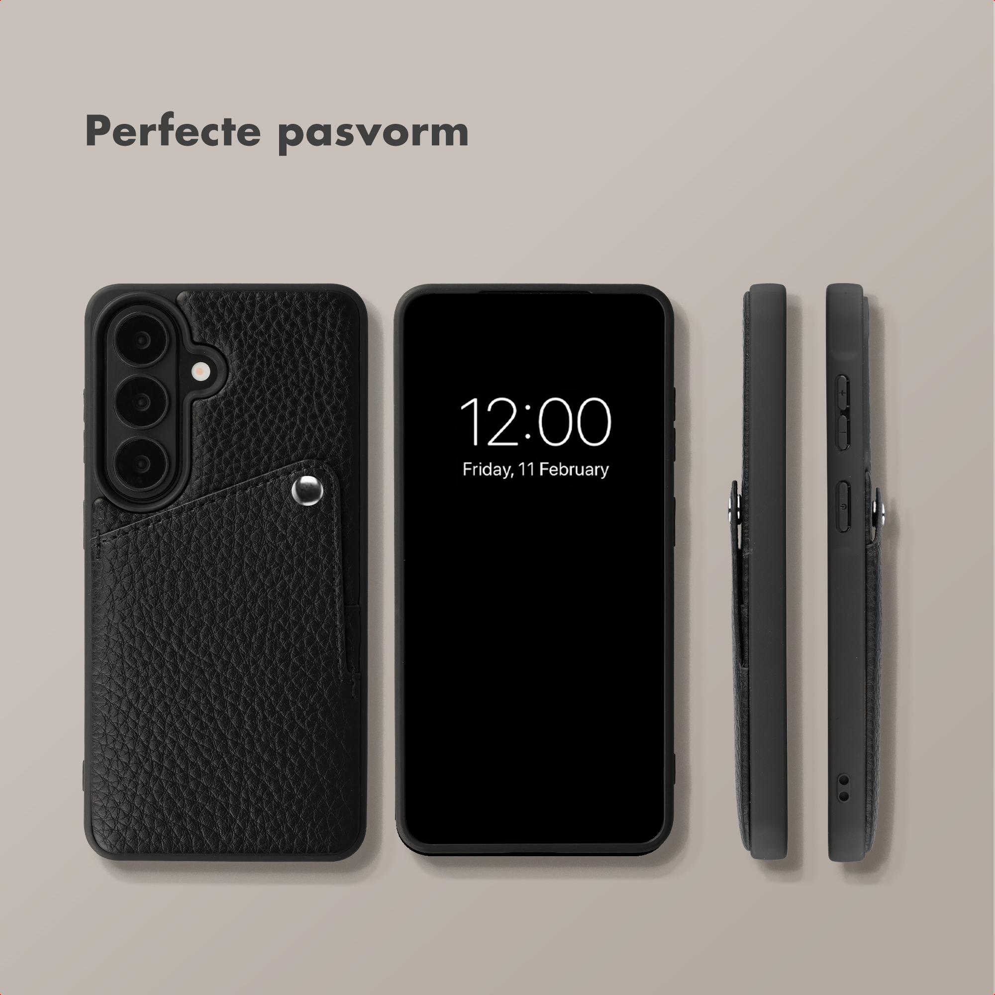Coque de téléphone en cuir noir, vues avant et latérale. Écran affiche 12:00.