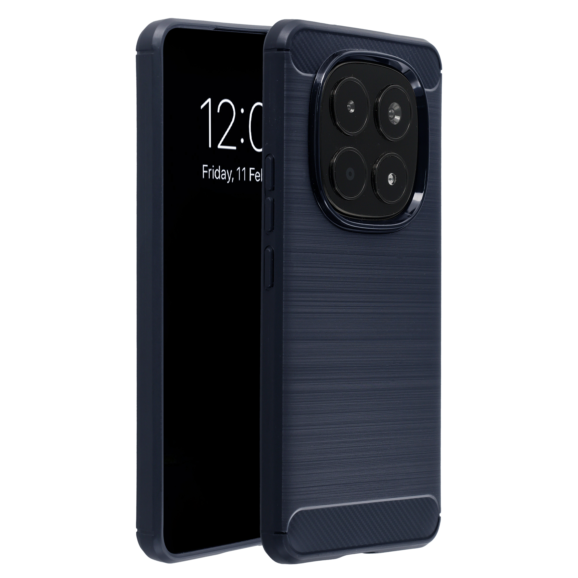 Téléphone bleu foncé avec bloc caméra et texture brossée. Affiche 12:00.