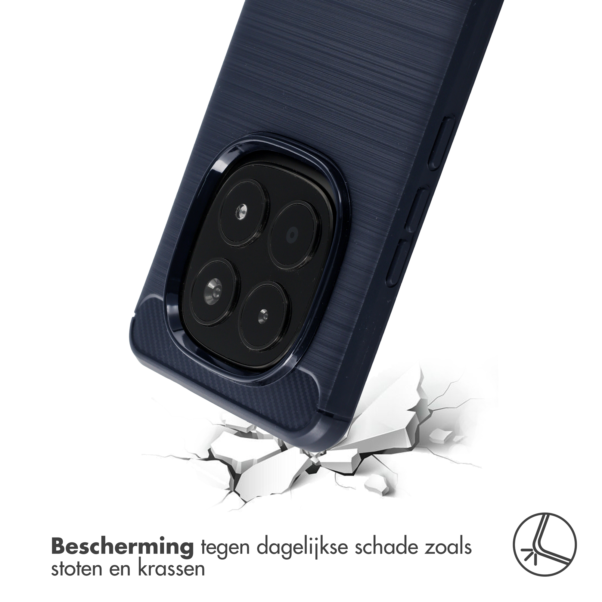 Coque de téléphone bleu foncé tombant sur surface blanche fissurée.