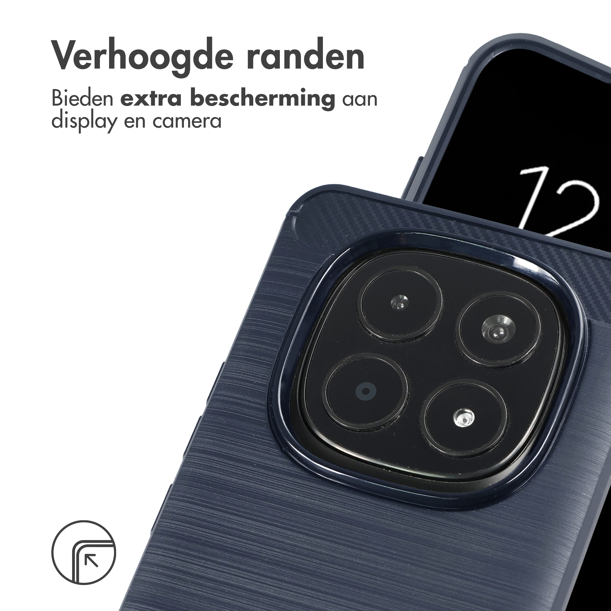 Coque de téléphone bleu foncé avec appareil photo et texte : Bords surélevés pour protection.