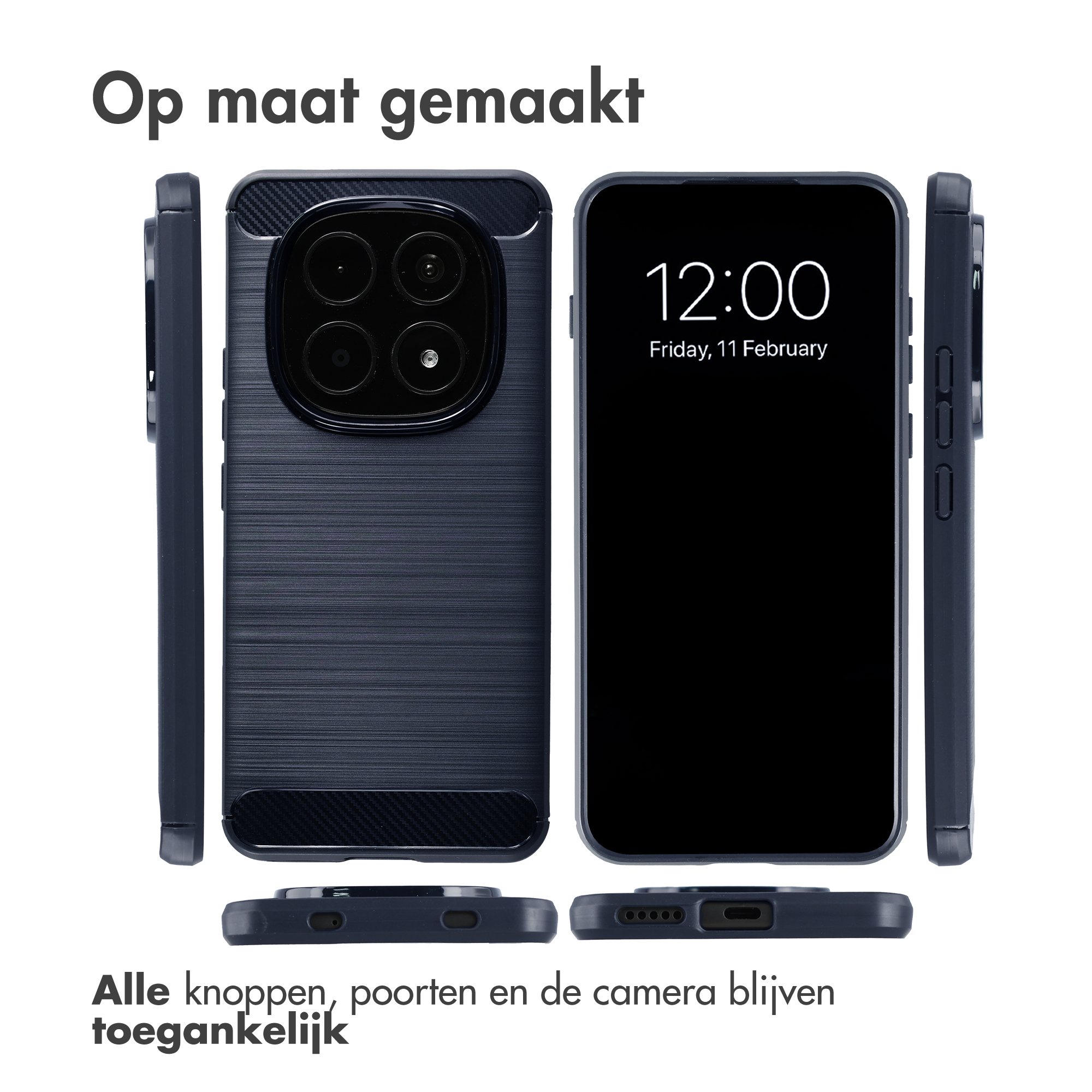 Coque de téléphone bleu foncé avec découpe caméra et téléphone affichant 12h00.