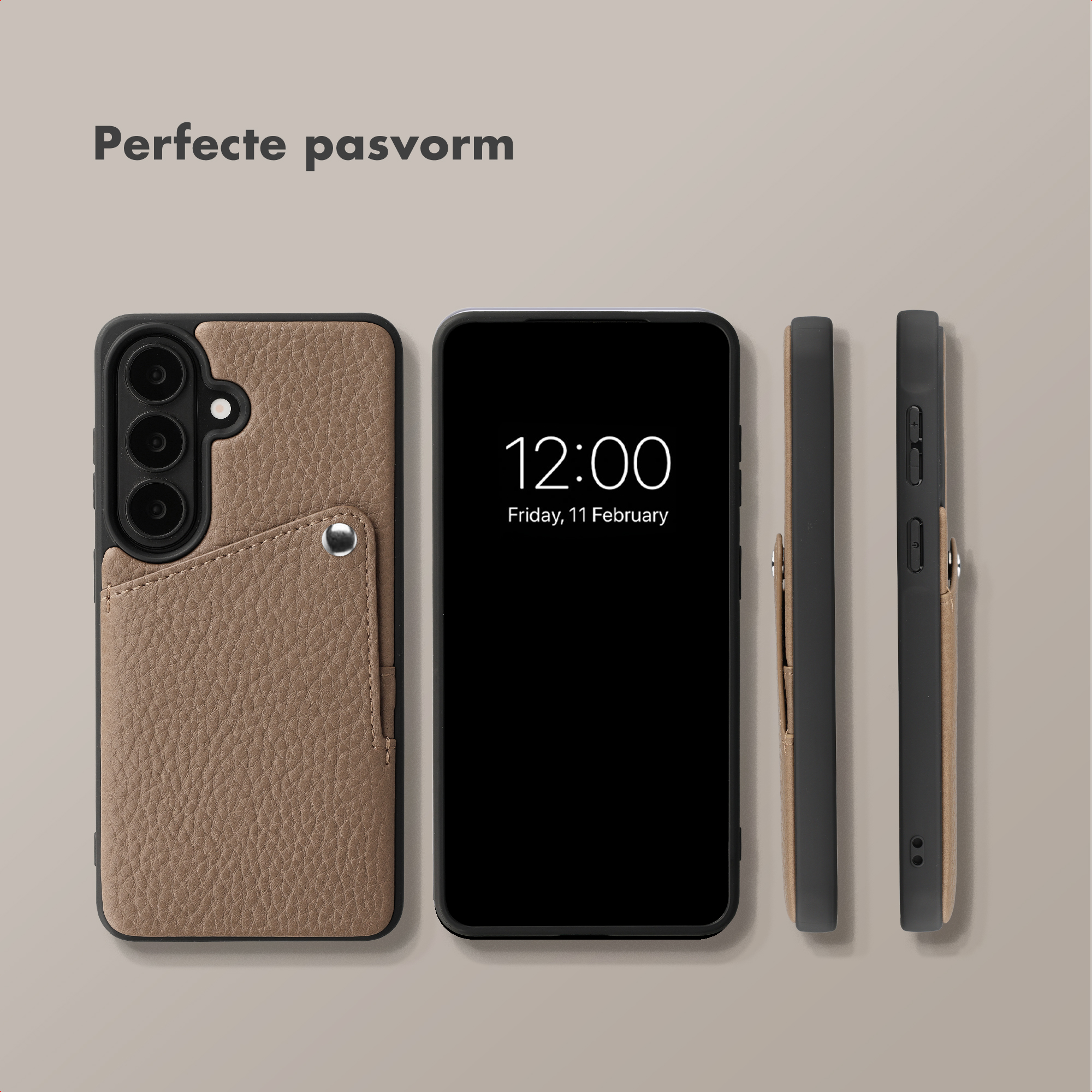 Une coque de téléphone en cuir marron avec porte-cartes et un smartphone à écran noir.