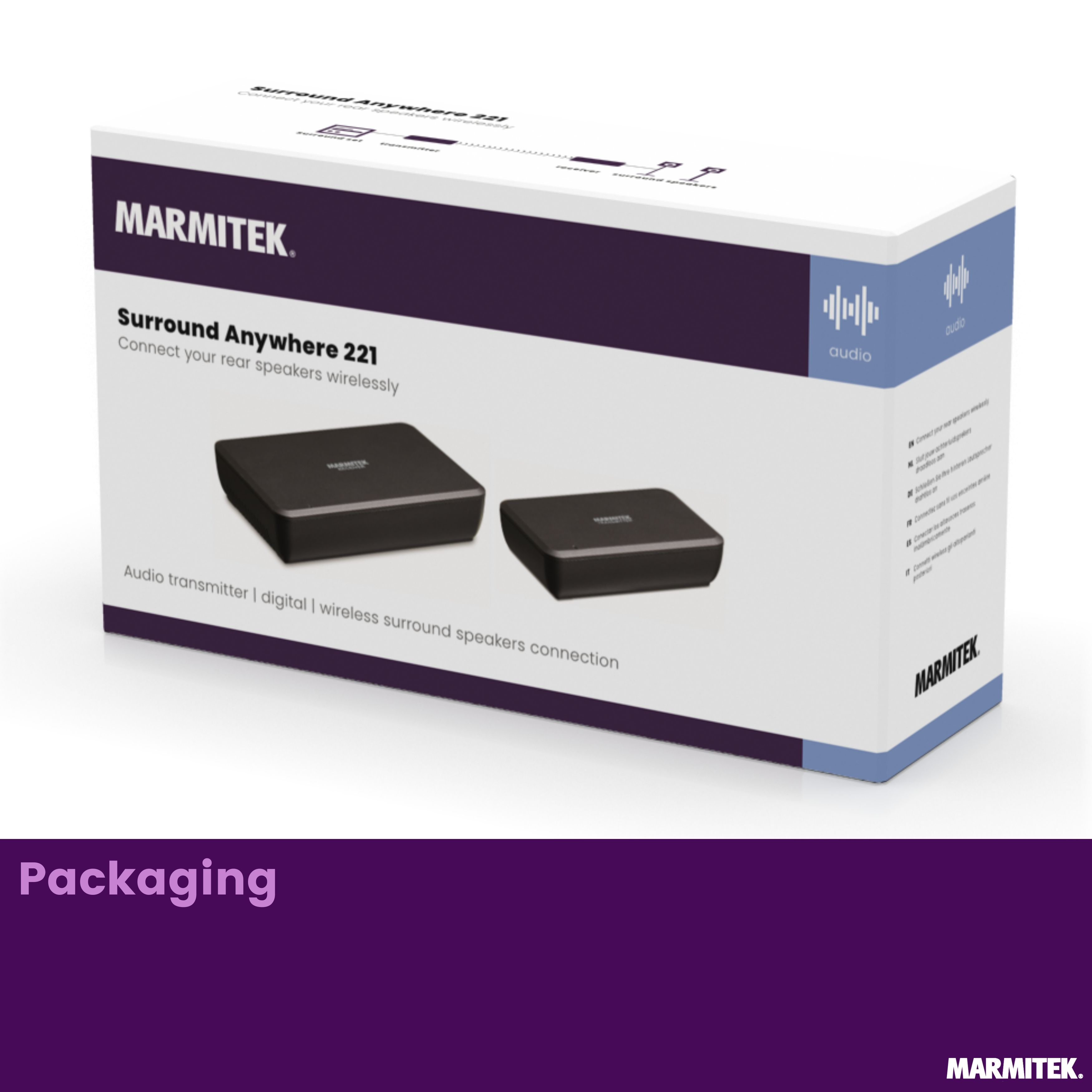 Emballage Marmitek Surround Anywhere 221 avec deux appareils noirs.