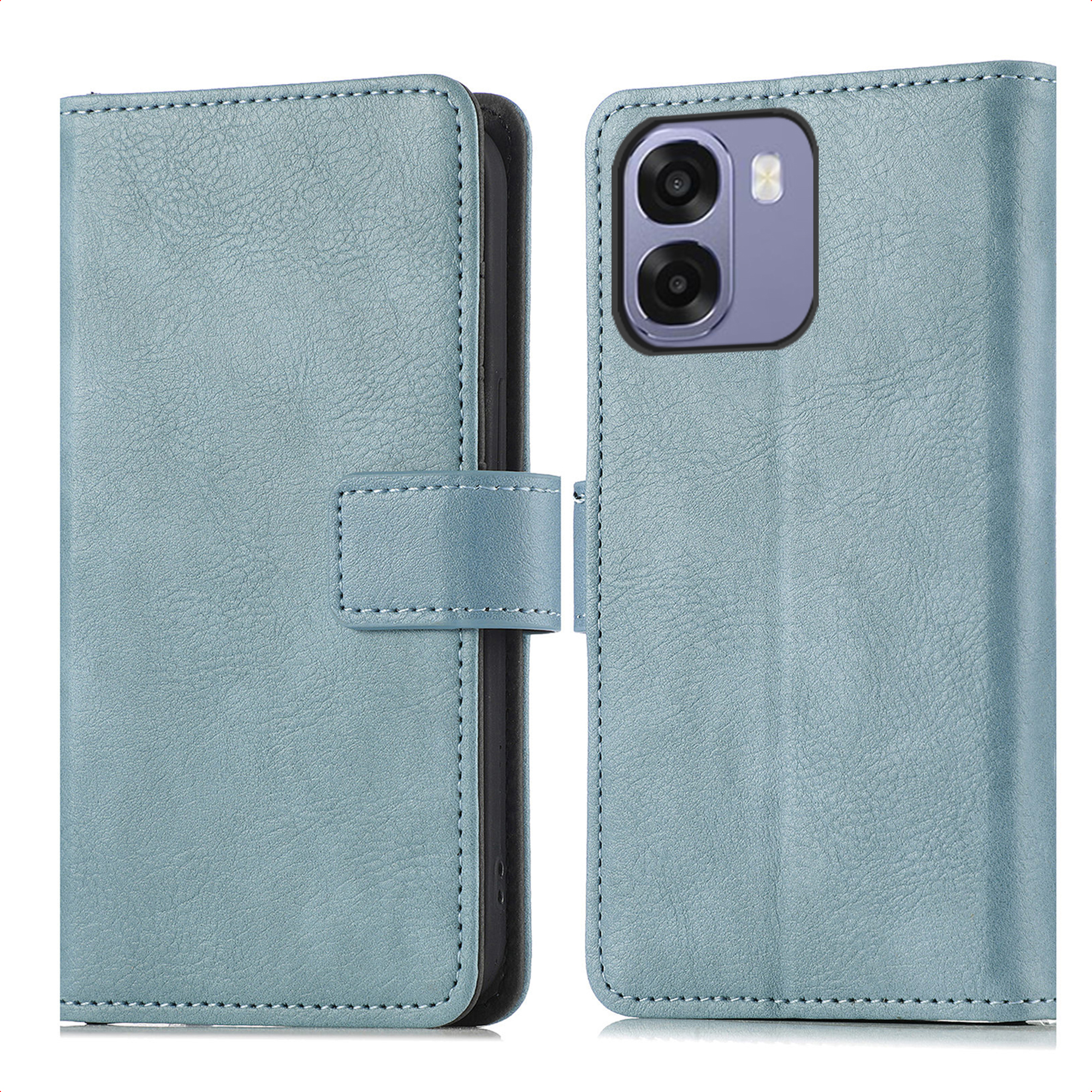 Étui de téléphone bleu clair en similicuir, ouvert, avec découpe caméra.