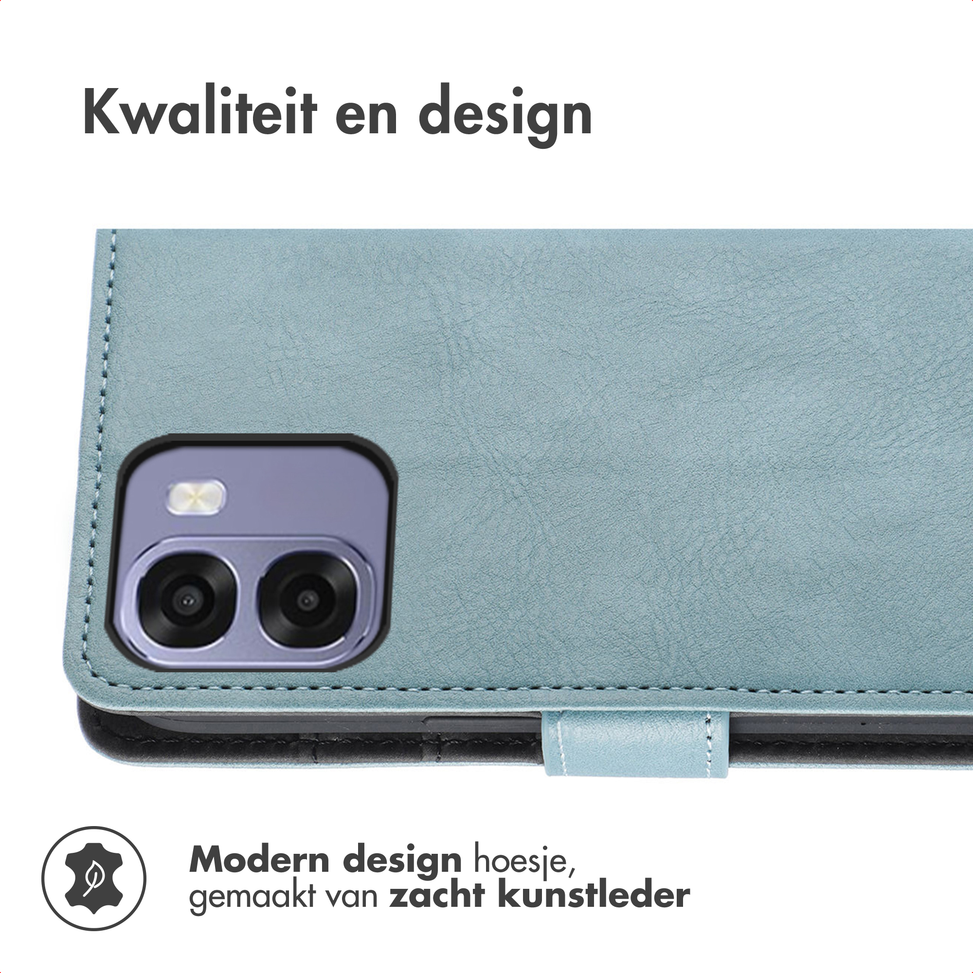Étui bleu clair en similicuir avec cache-appareil photo et logo.