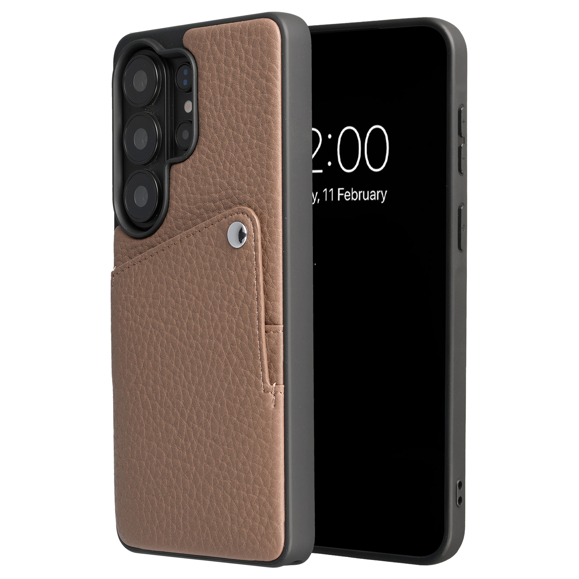 Étui en cuir marron avec porte-cartes pour un smartphone à écran noir.