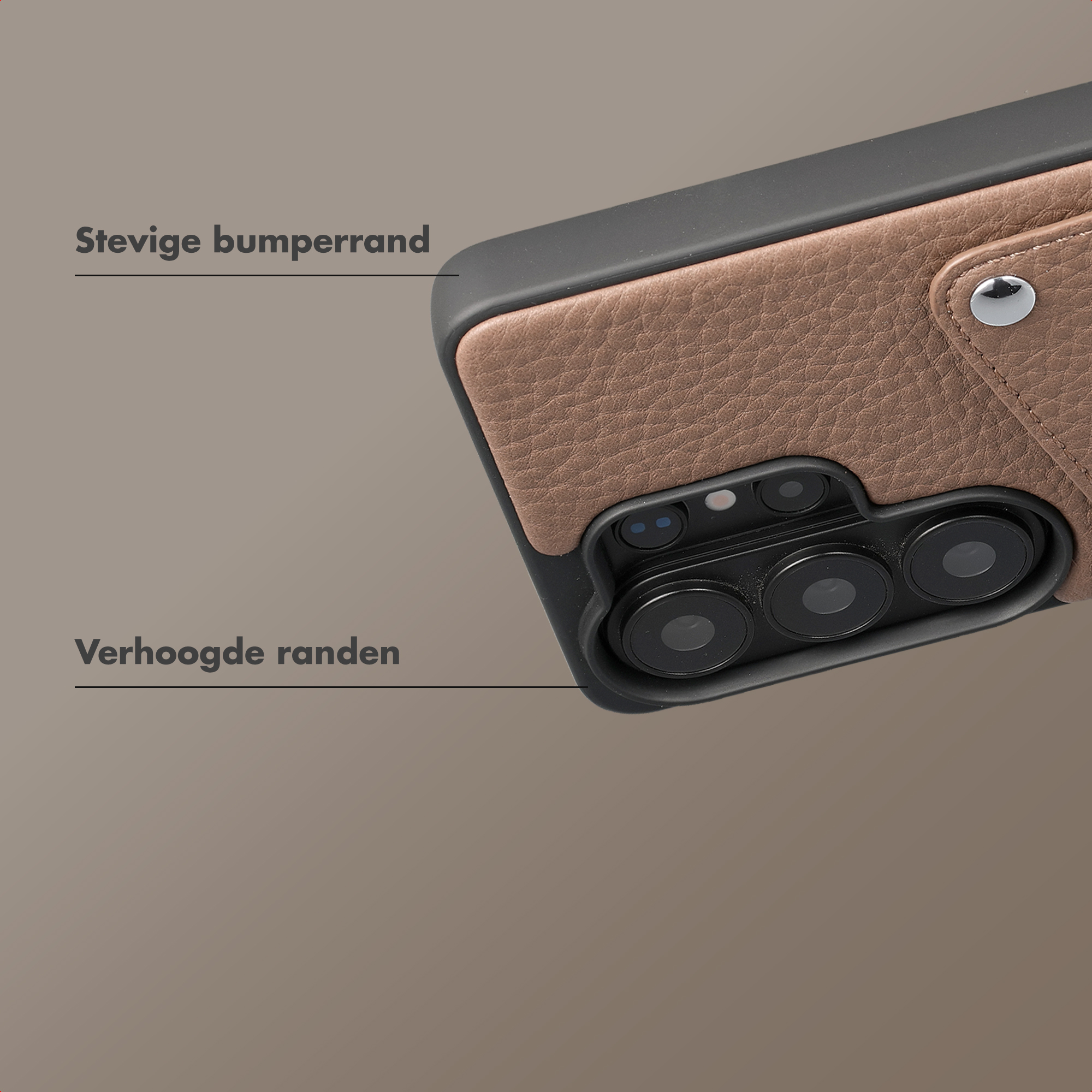 Coque de téléphone marron avec module caméra et bords surélevés.