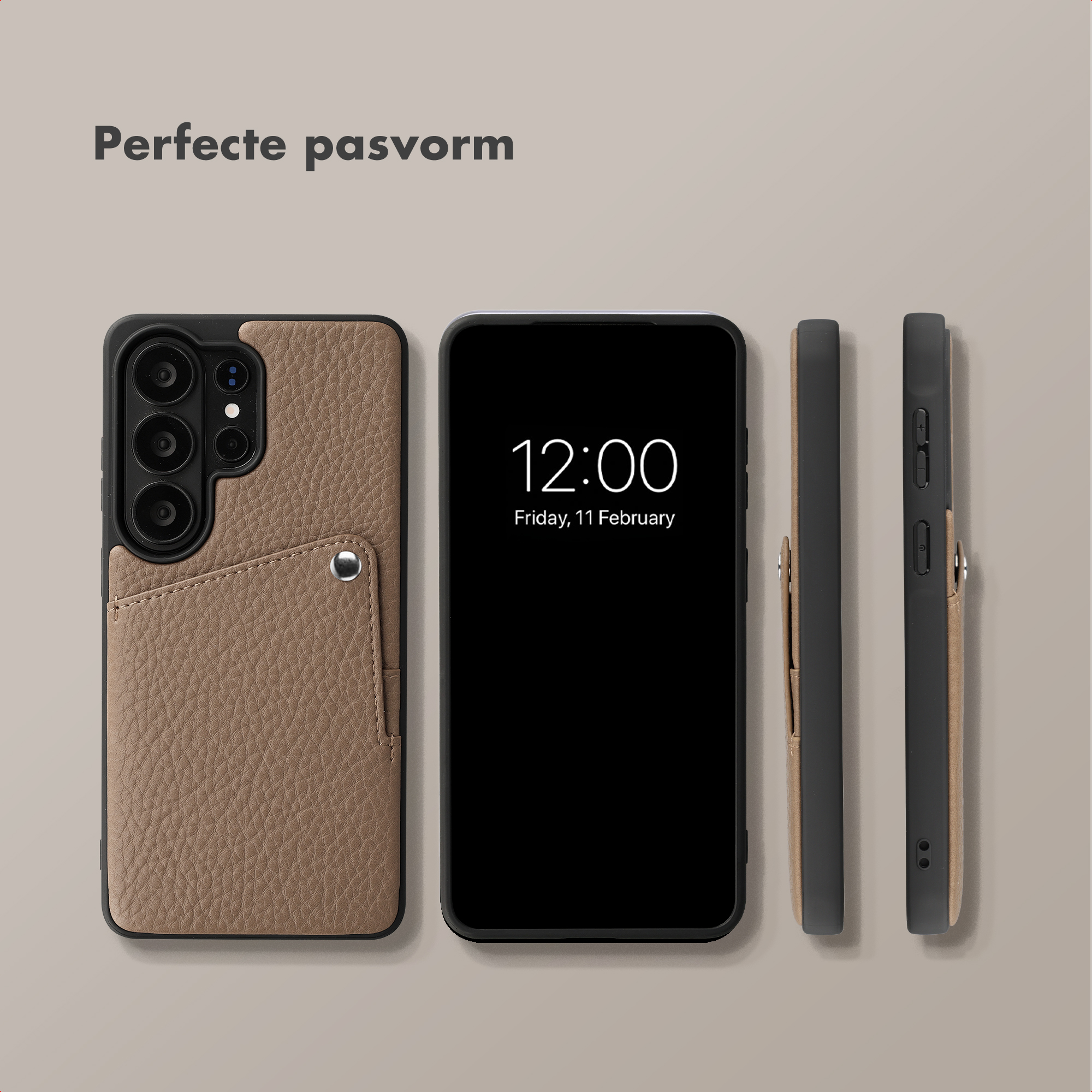 Un téléphone avec un étui en cuir marron, vues avant, latérale et arrière.
