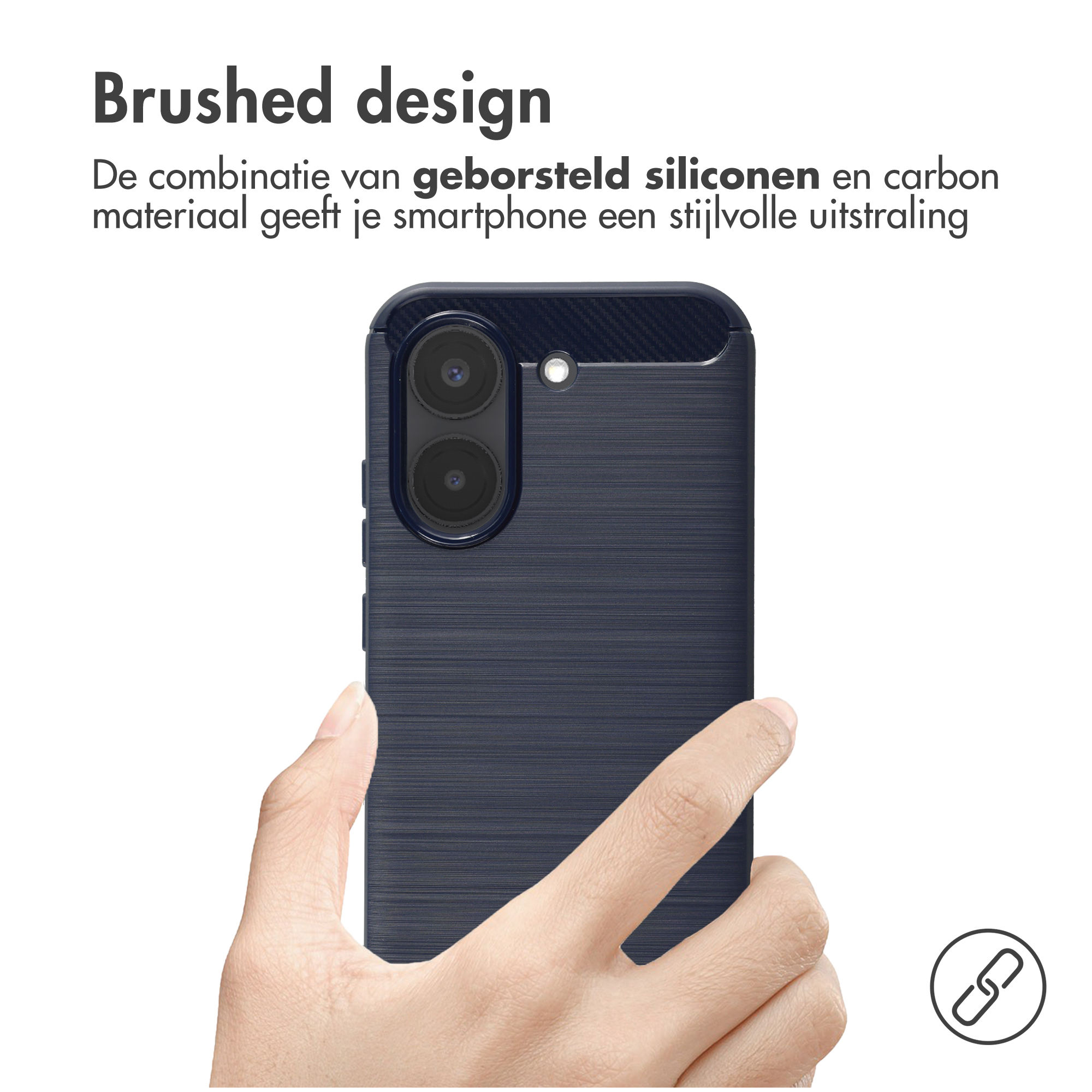A hand holds a dark blue phone case with a brushed design.