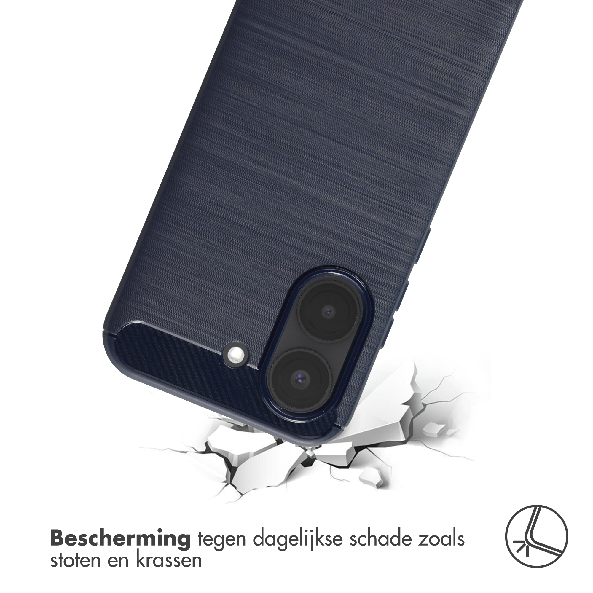 Dark blue phone case with brushed texture falling on white ground.