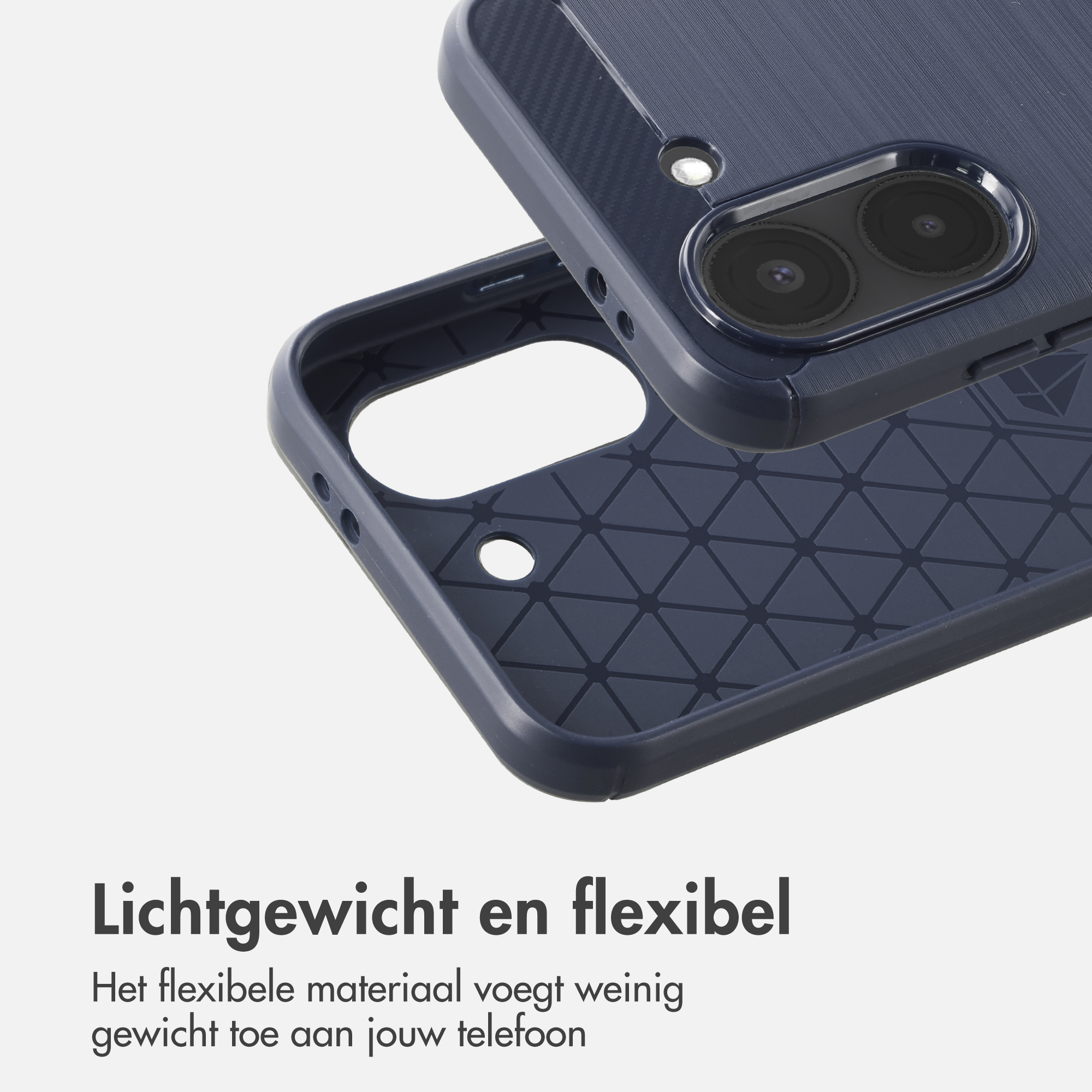 Dark blue phone case with camera protection and honeycomb pattern inside.