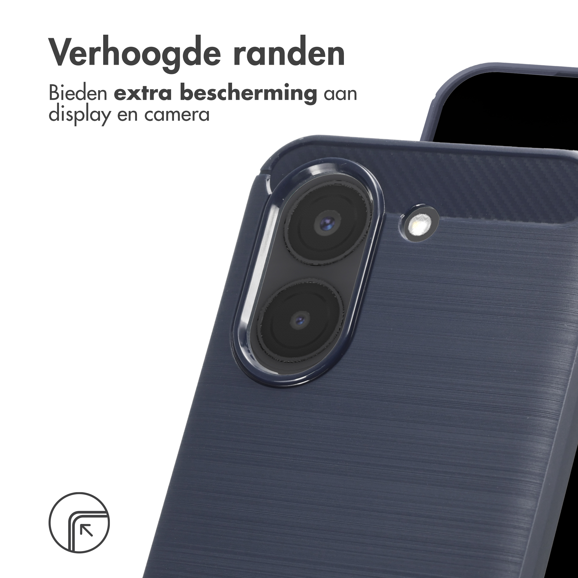 Dark blue phone case with camera protection and raised edges.